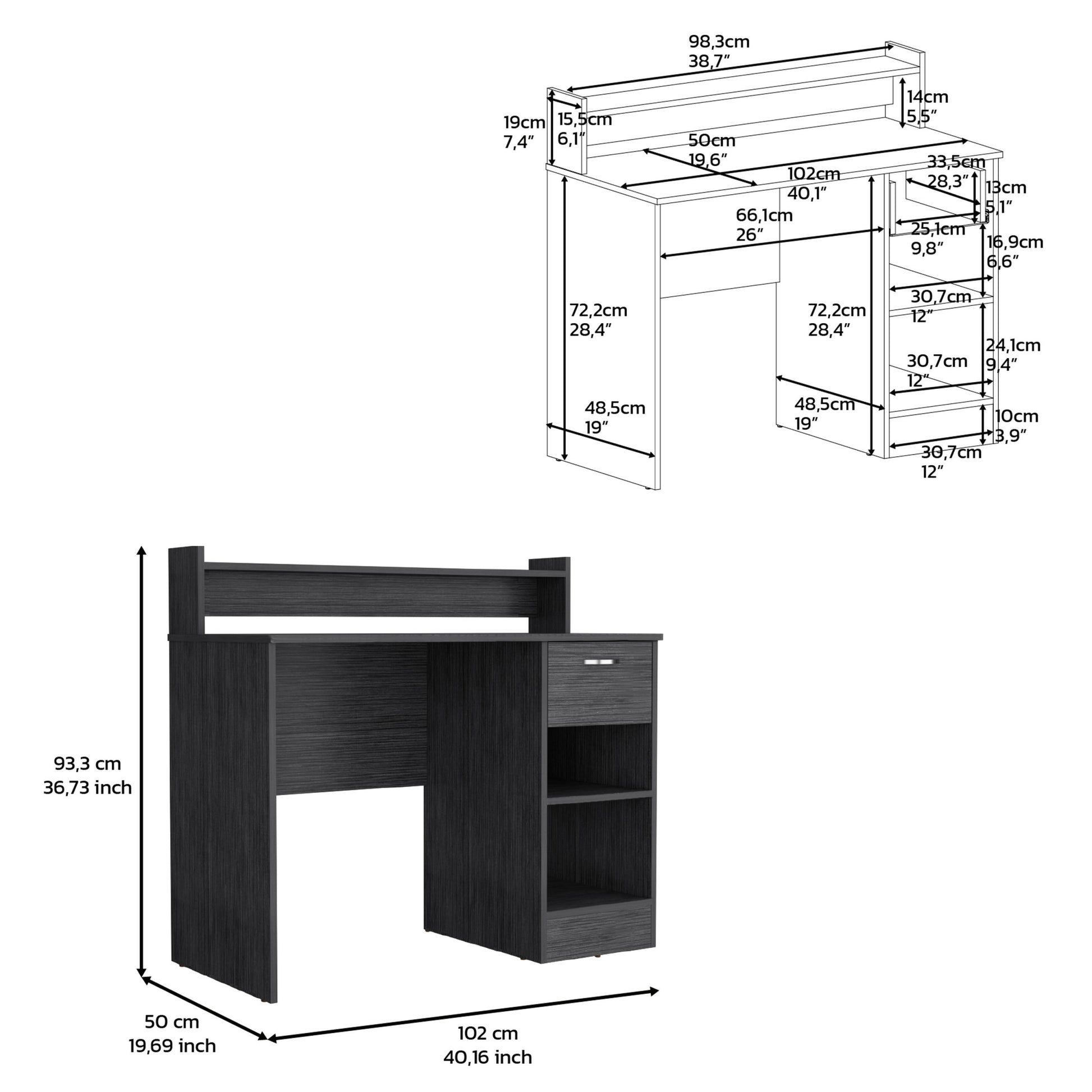 Computer Desk With Top Open Shelf, 1 Drawer And 2 Storage Shelves, Smokey Oak Gray Particle Board Particle Board