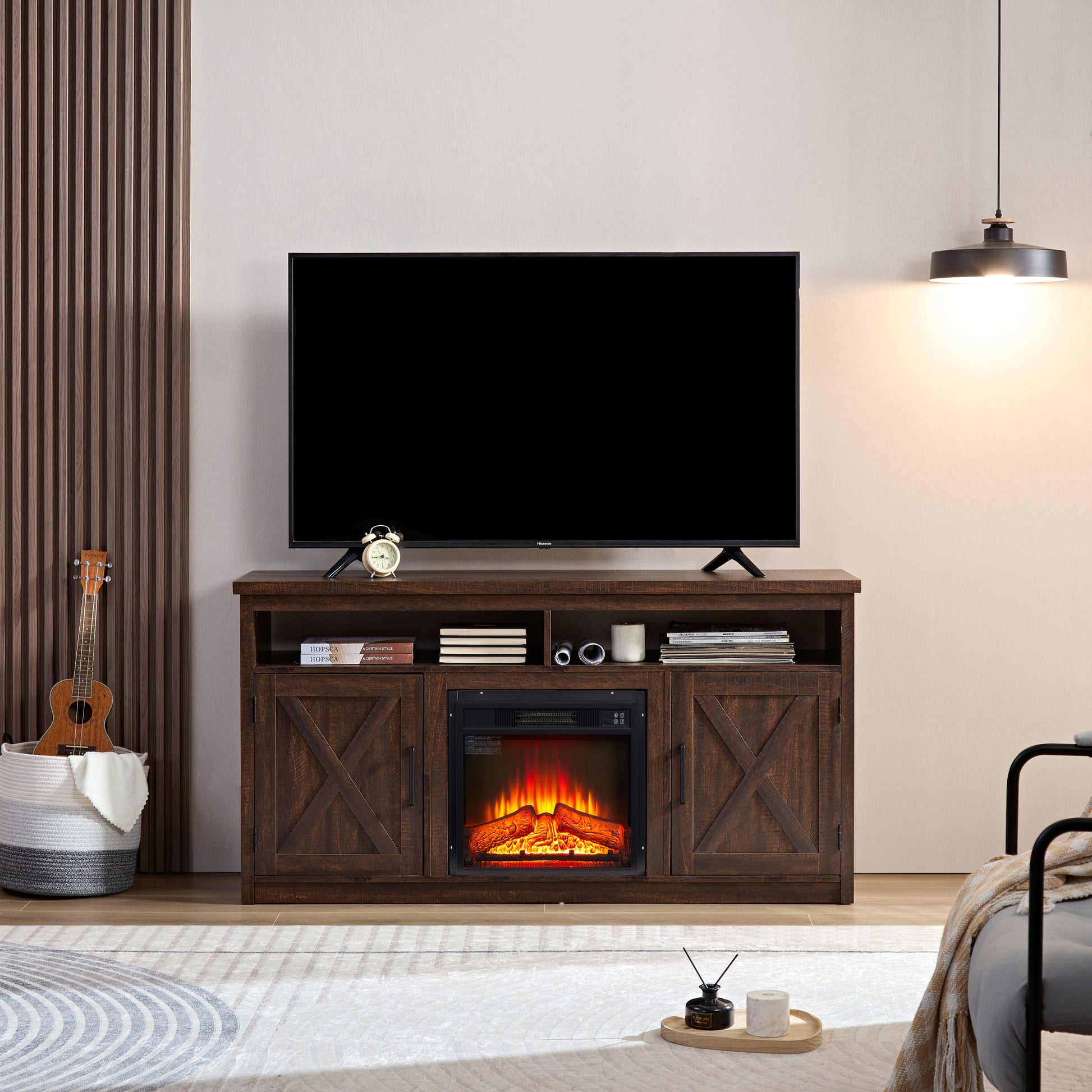 Farmhouse Tv Media Stand, Large Barn Inspired Home Entertainment Console, With 18" Fireplace Insert, For Tv Up To 65'', With Open Shelves And Closed Cabinets, Espresso 57.87*15.75*30.31 Espresso Mdf