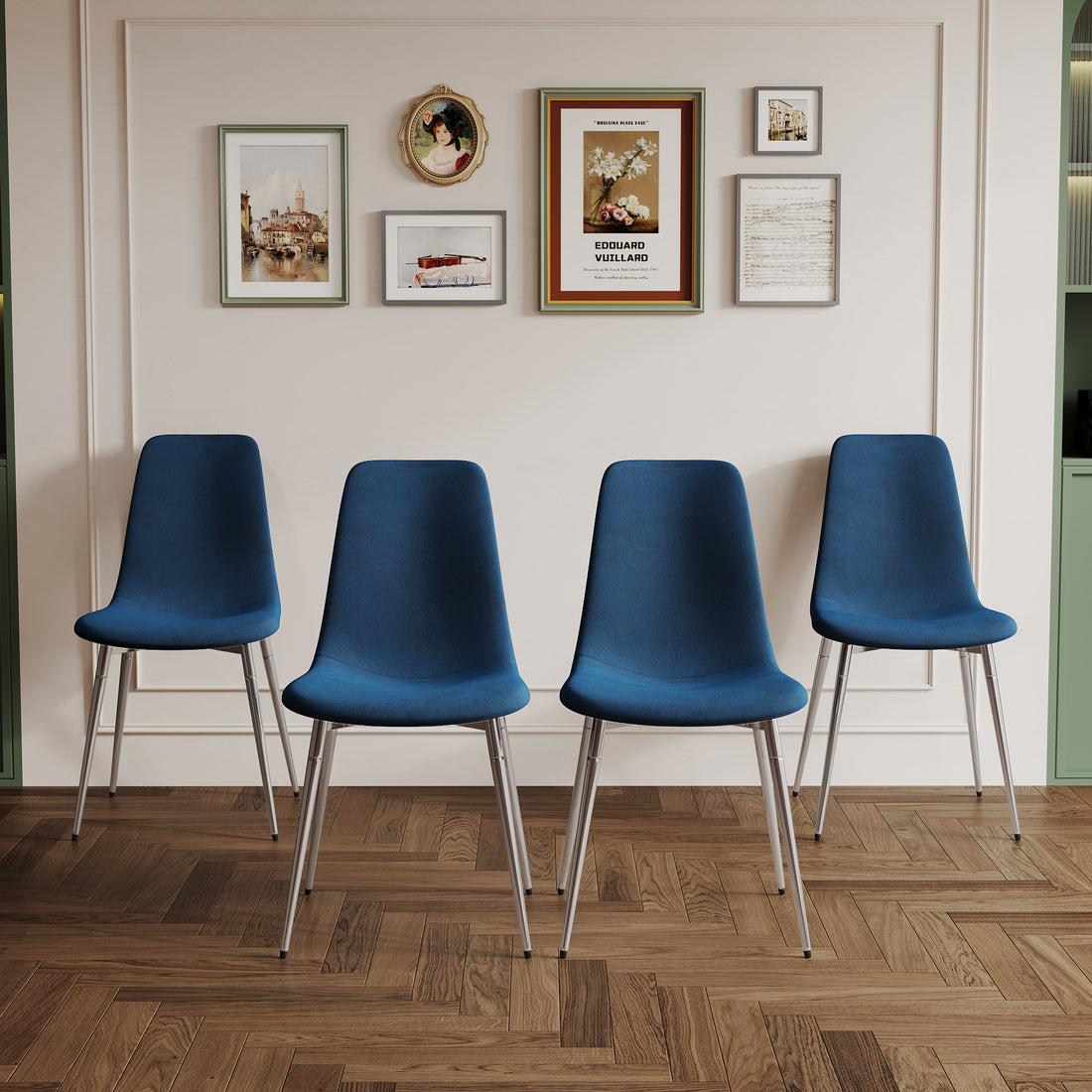 Fabric Dining Chairs Set Of 4, Upholstered Armless Accent Chairs, Classical Appearance And Metal Legs Blue Fabric