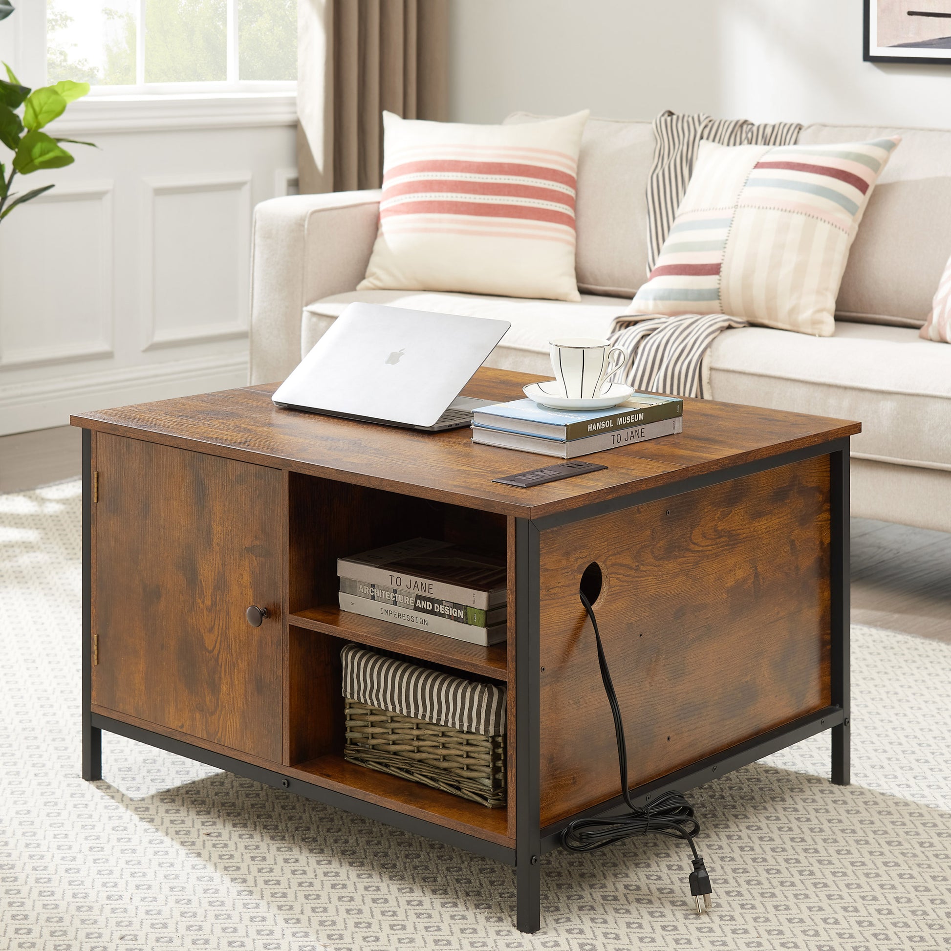 Lift Top Coffee Table, Multi Function Coffee Table With Hidden Compartment, Modern Lift Tabletop Dining Table For Living Room Reception Home Office, Rustic Brown Antique Brown Metal & Wood