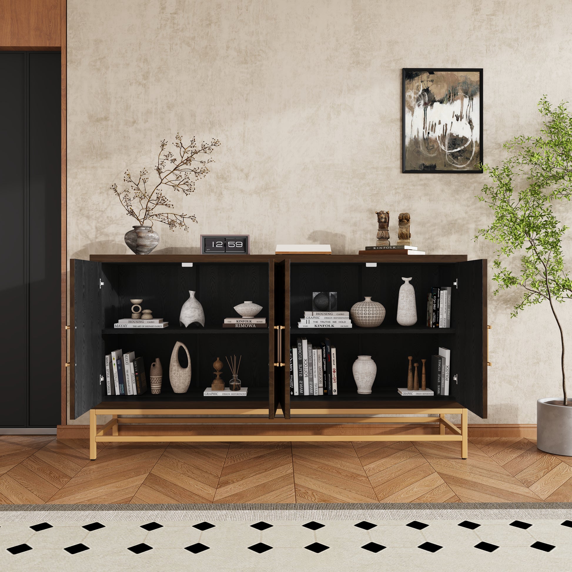 Retro Style Sideboard With Adjustable Shelves, Rectangular Metal Handles And Legs For Kitchen, Living Room, And Dining Room Black Black Mdf