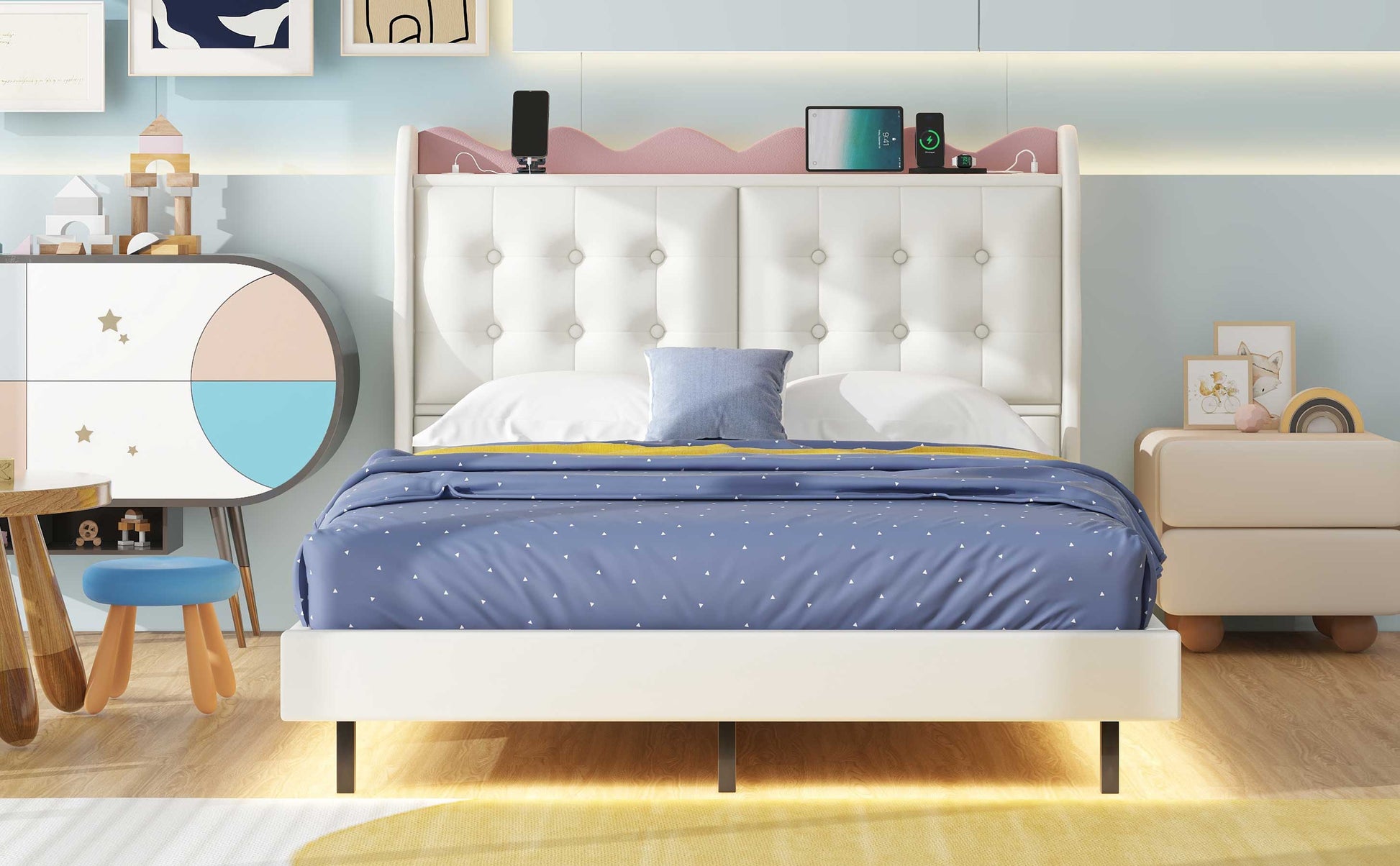 Full Size Upholstery Platform Bed Frame With Led Light Strips,Headboard Storage Space And Two Usb Charging Deisgn,Beige Beige Upholstered