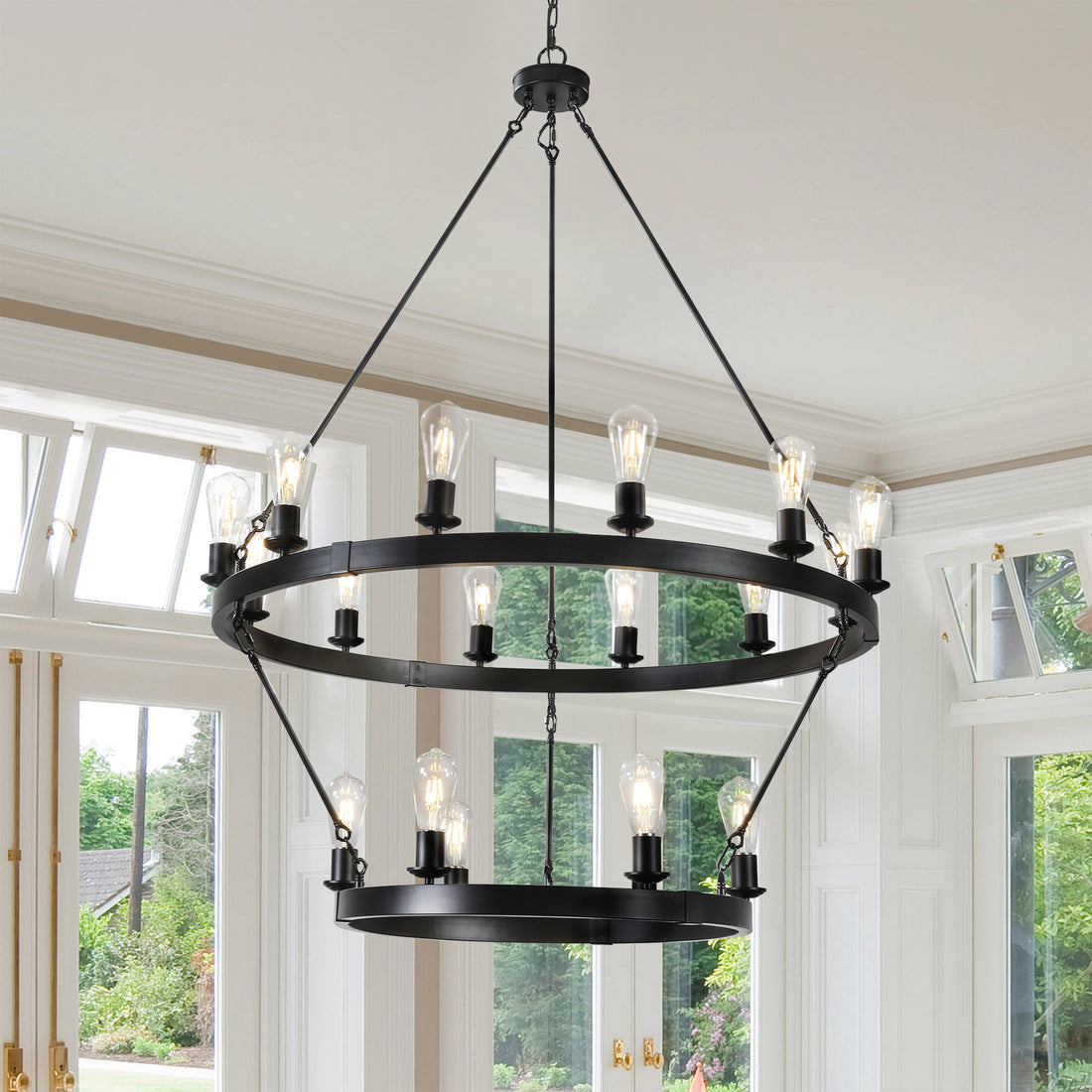 Retro Style Large 2 Tier Circular Ceiling Ironwork Chandelier Black Retro Iron