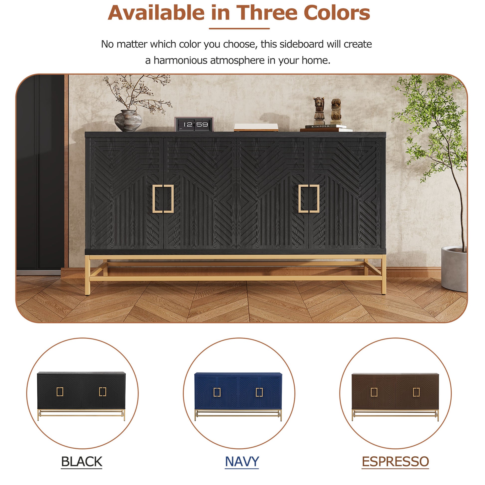 Sideboard Buffet Cabinet With Storage, Sideboard Cabinet With Adjustable Shelves, Rectangular Metal Handles And Legs For Kitchen, Living Room, And Dining Room, Black Black Mdf