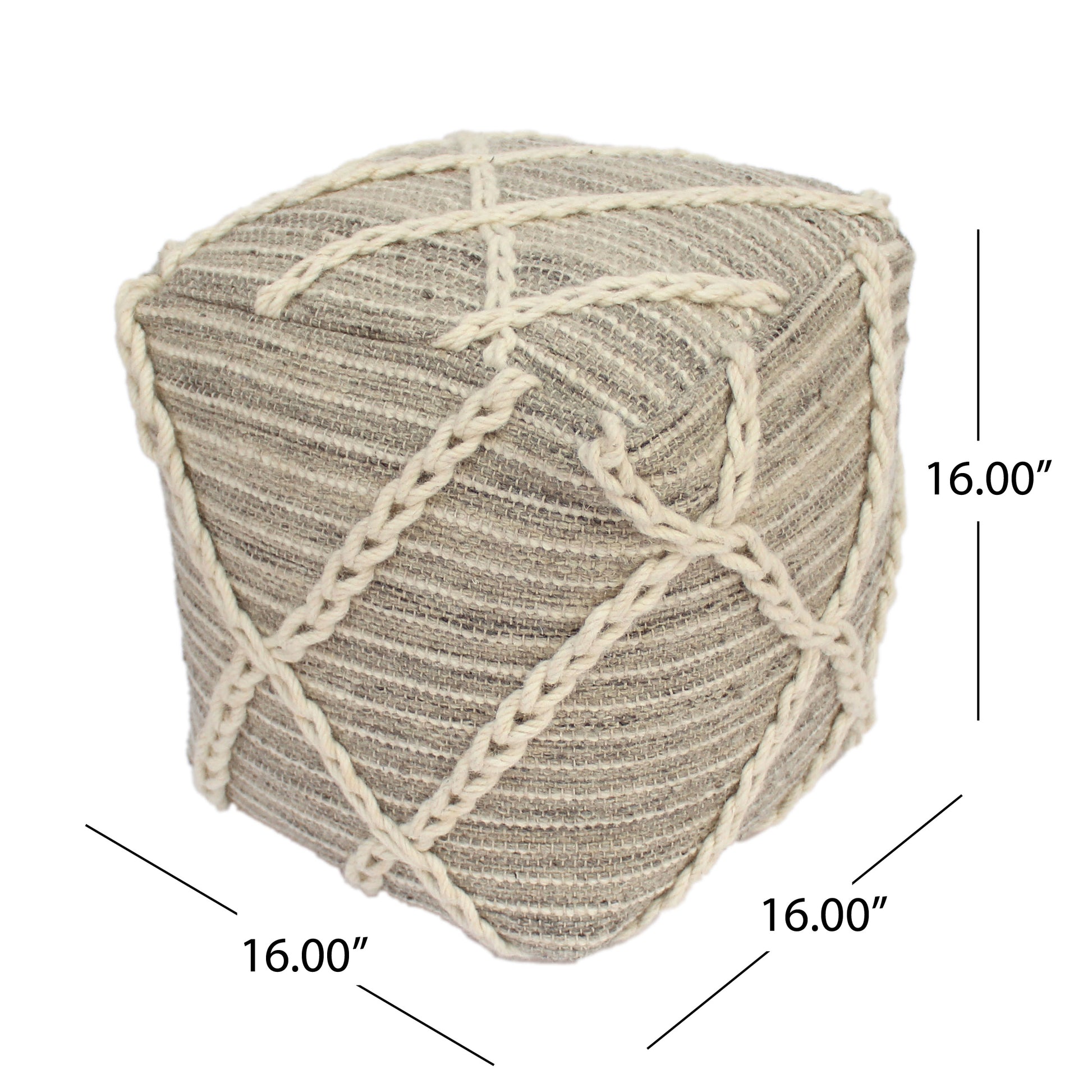 Rope Square Pouf, Gray And Ivory Gray Wool