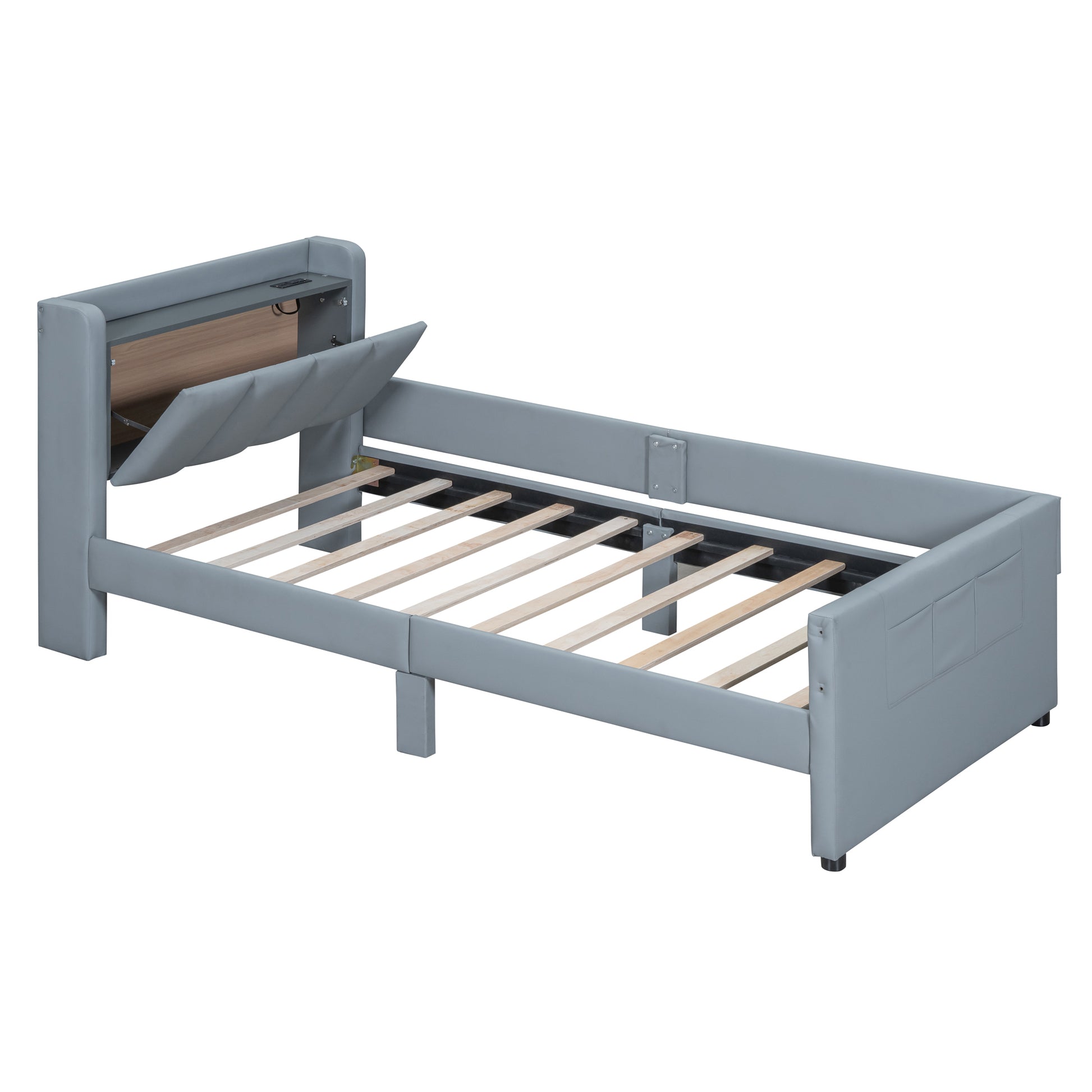 Queen Size & Twin Xl Size Upholstered Platform Bed, Mother & Child Bed With Hydraulic Storage System, Drawer Box, Bedhead Storage Shelf And Two Pairs Of Sockets & Usb Ports, Pu Leather, Gray Gray Pu Leather