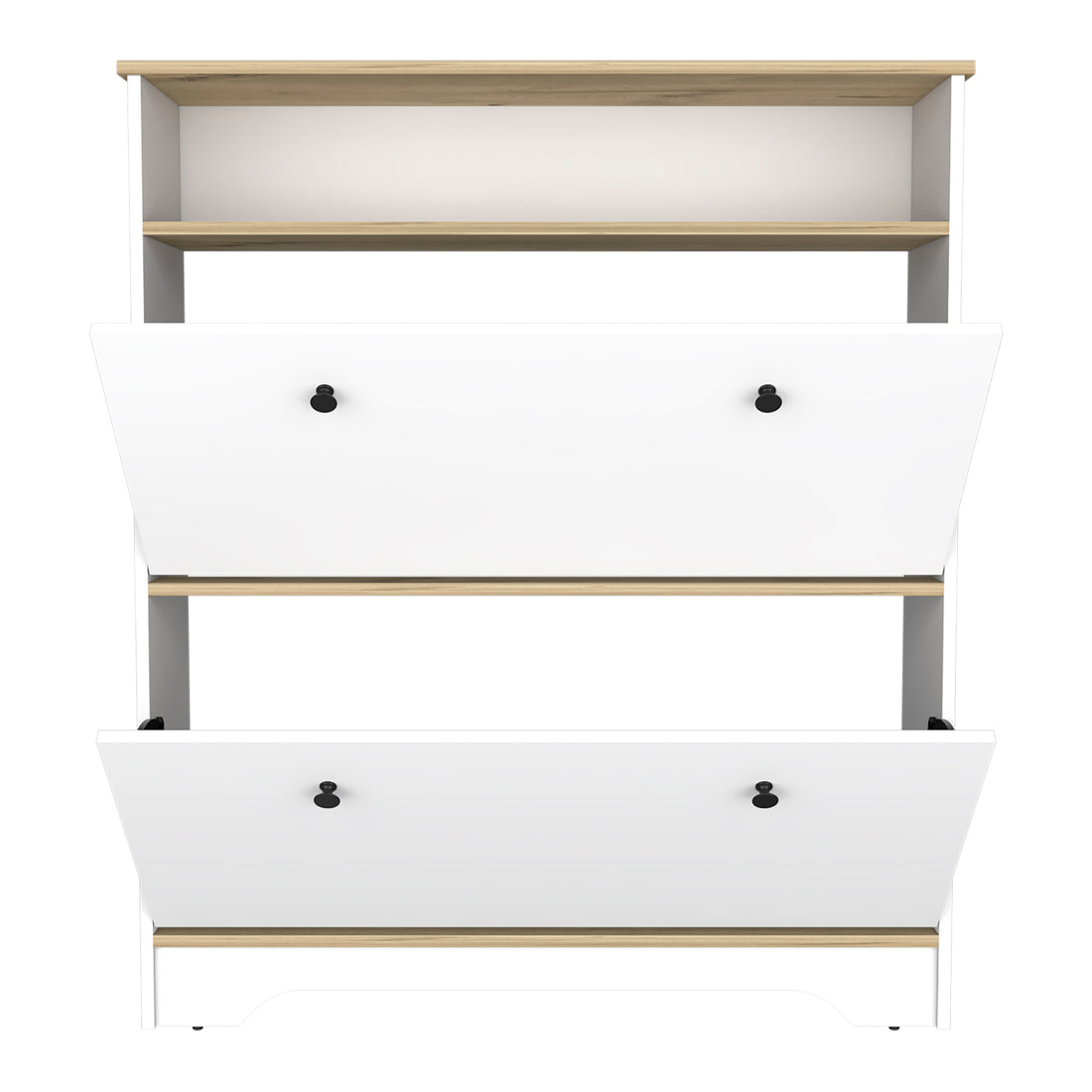 Shoe Rack 46" H, One Open Storage Shelf, Two Internal Storage Drawers, Two Doors, Light Oak White Multicolor Particle Board Particle Board