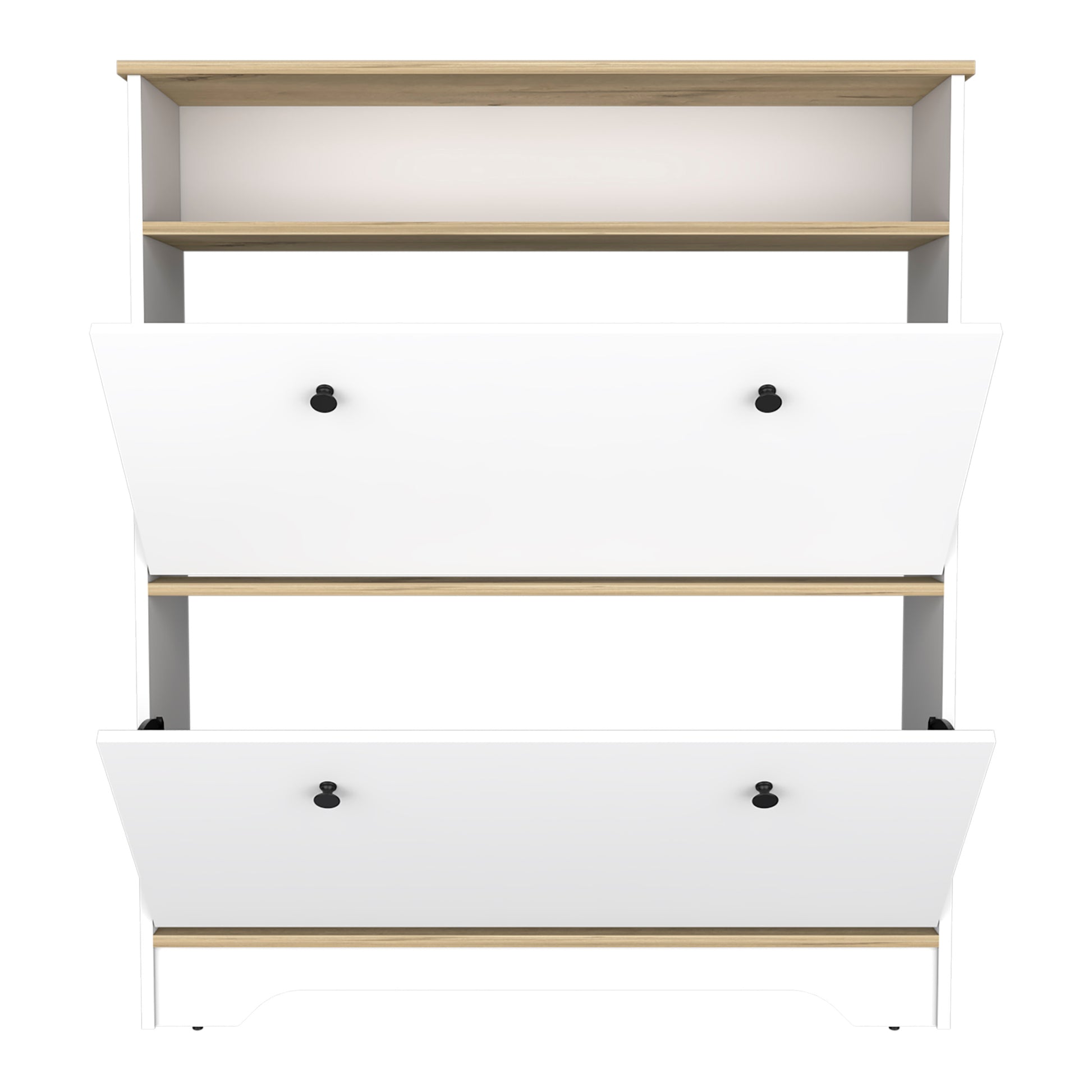 Shoe Rack 46" H, One Open Storage Shelf, Two Internal Storage Drawers, Two Doors, Light Oak White Multicolor Particle Board Particle Board