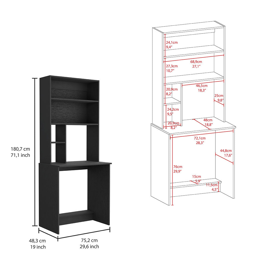 Computer Hutch Desk, Lower Shelf, Four Shelves, Black Black Particle Board Particle Board