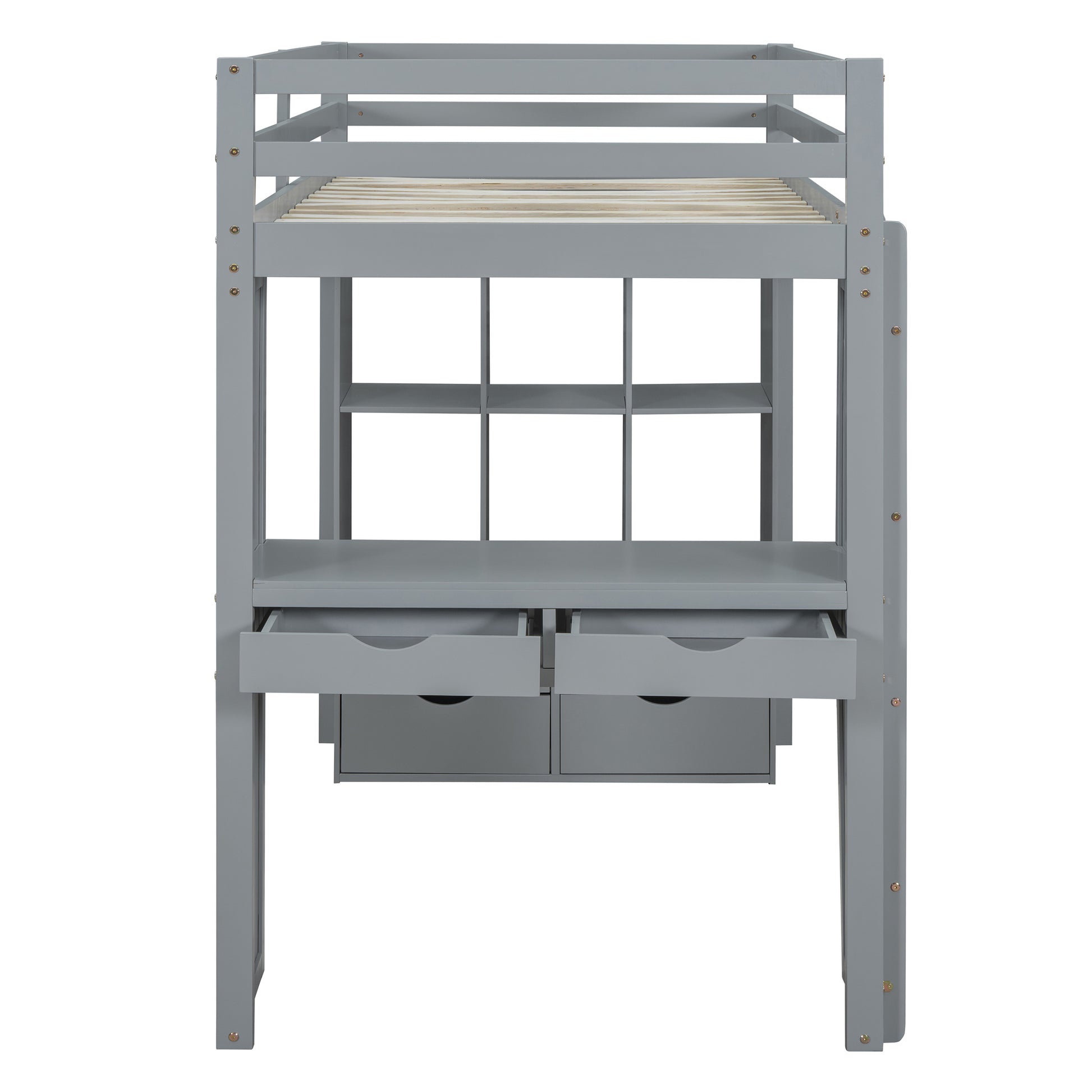 Twin Size Loft Bed With Large Shelves, Writing Desk And Led Light, Gray Gray Solid Wood Mdf