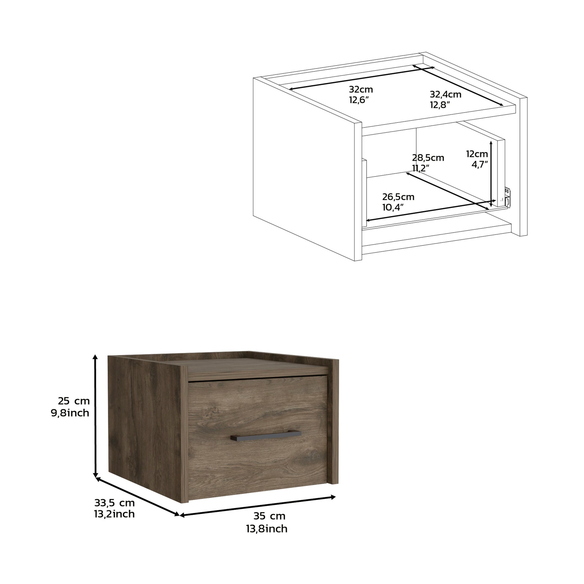 Dark Brown Modern Floating Nightstand, Space Saving Design With Convenient Drawer And Black Pull Handle. Dark Brown Particle Board Engineered Wood