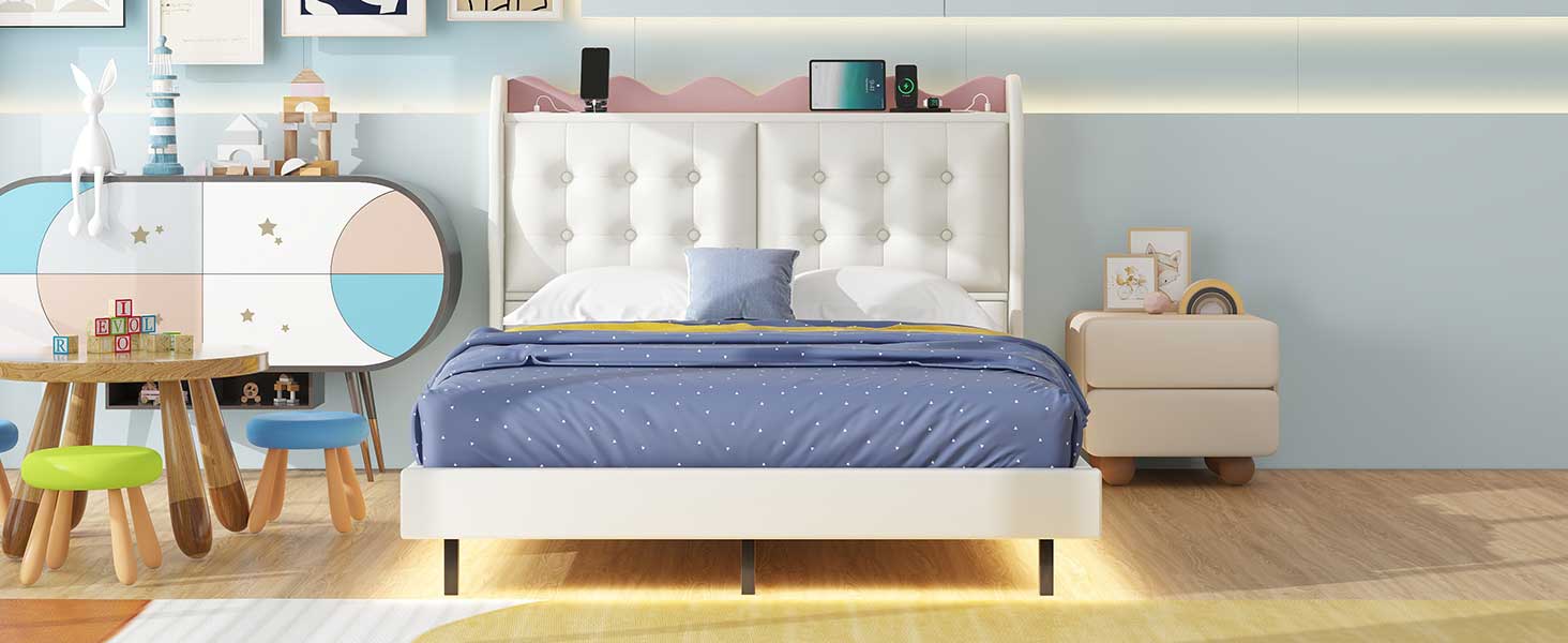 Full Size Upholstery Platform Bed Frame With Led Light Strips,Headboard Storage Space And Two Usb Charging Deisgn,Beige Beige Upholstered