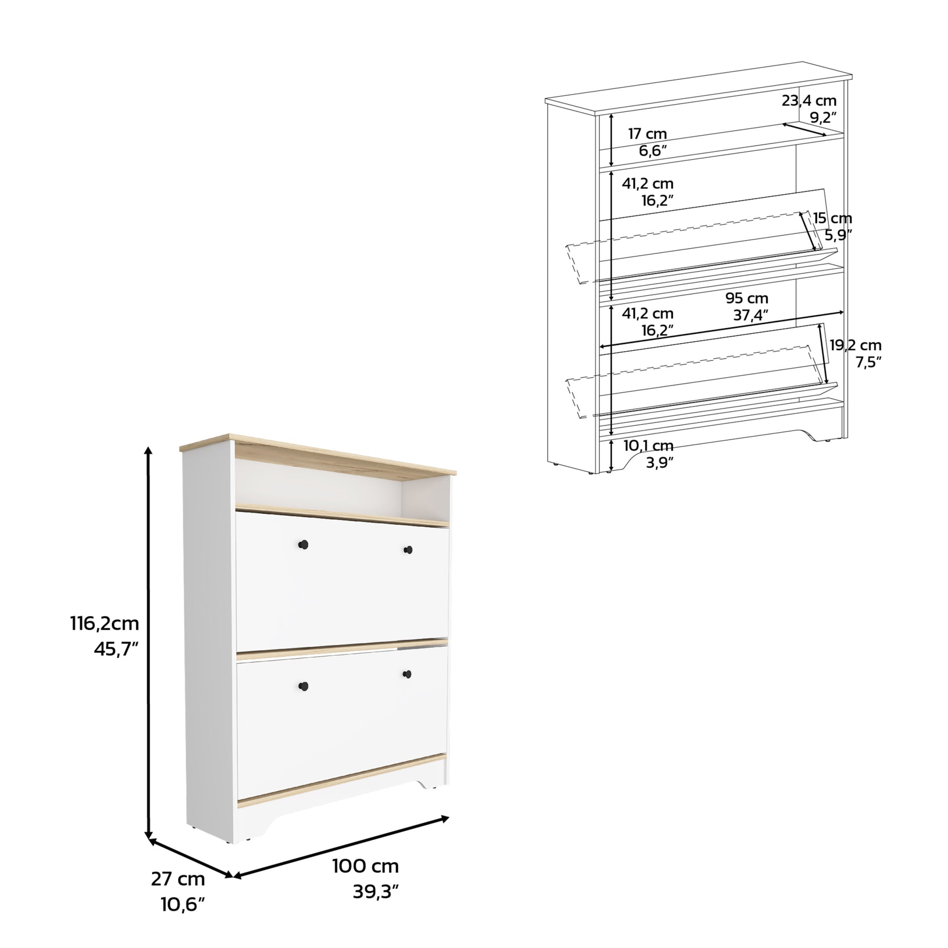 Shoe Rack 46" H, One Open Storage Shelf, Two Internal Storage Drawers, Two Doors, Light Oak White Multicolor Particle Board Particle Board