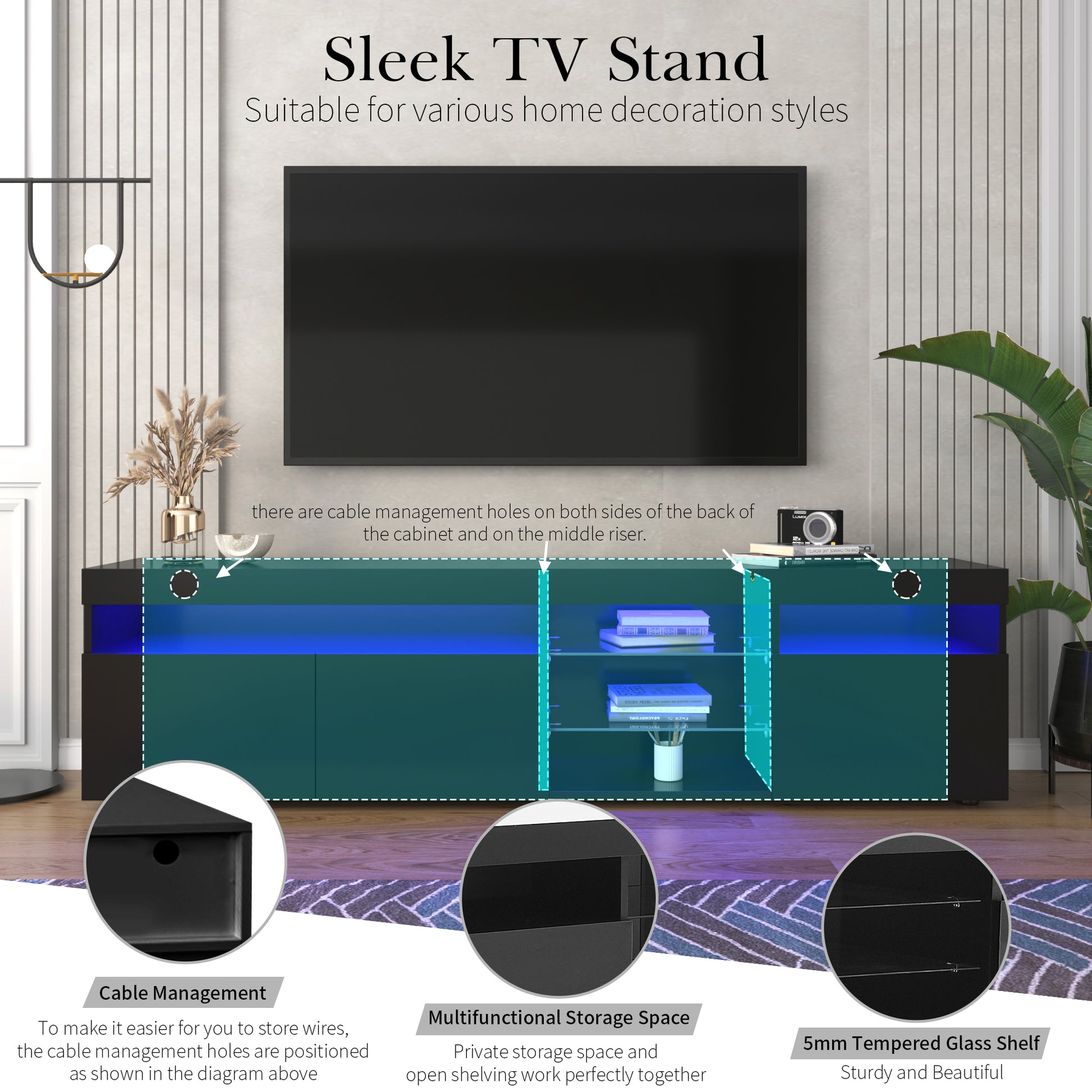 Modern Design Tv Stands For Tvs Up To 80'', Led Light Entertainment Center, Media Console With Multi Functional Storage, Tv Cabinet For Living Room,Bedroom, Home Theatre Black Primary Living Space 70 79 Inches 70 79 Inches Particle Board