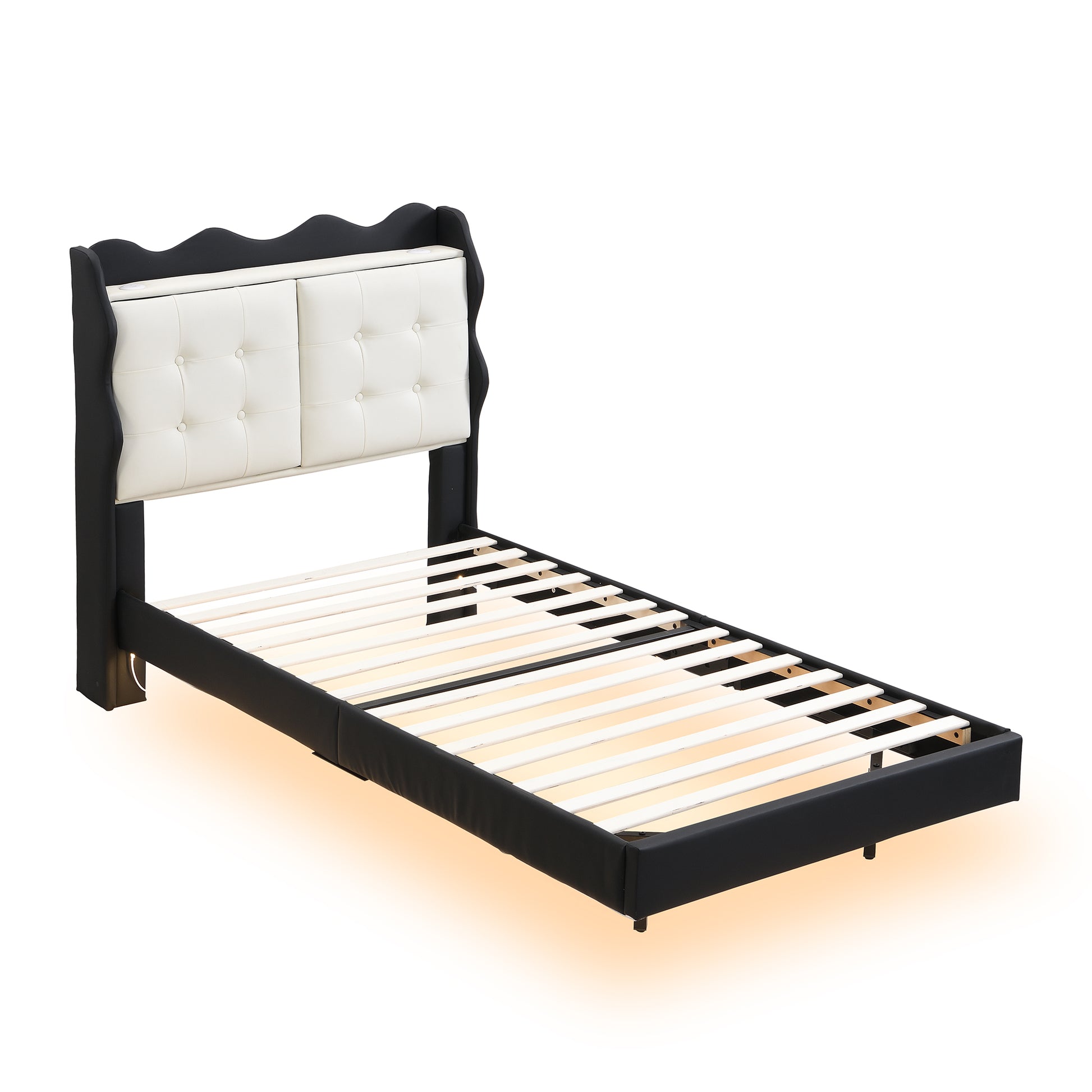 Twin Size Upholstery Platform Bed Frame With Led Light Strips,Headboard Storage Space And Two Usb Charging Deisgn,Black Black Upholstered