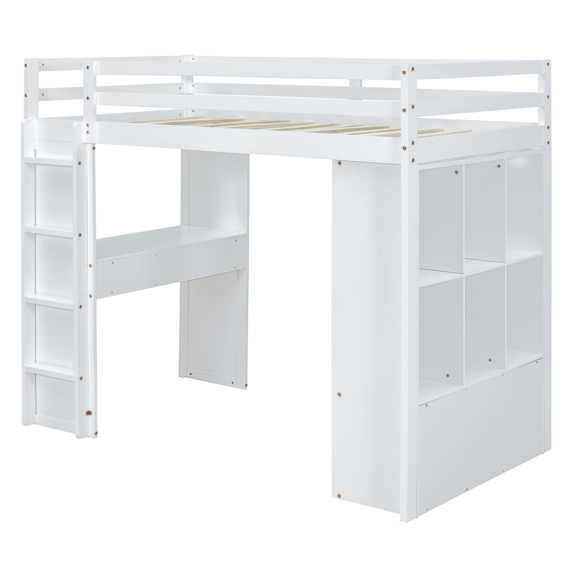 Twin Size Loft Bed With Large Shelves, Writing Desk And Led Light, White White Solid Wood Mdf