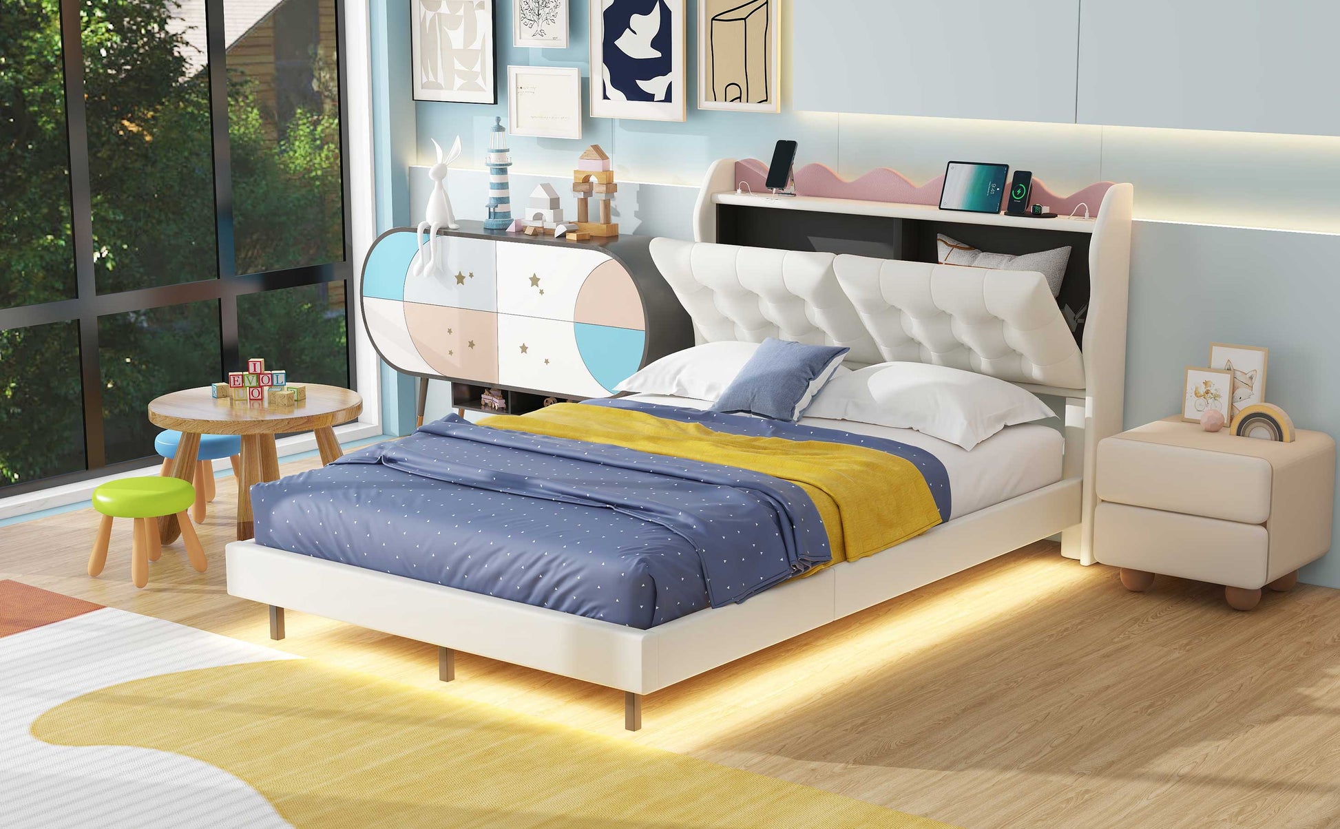 Full Size Upholstery Platform Bed Frame With Led Light Strips,Headboard Storage Space And Two Usb Charging Deisgn,Beige Beige Upholstered