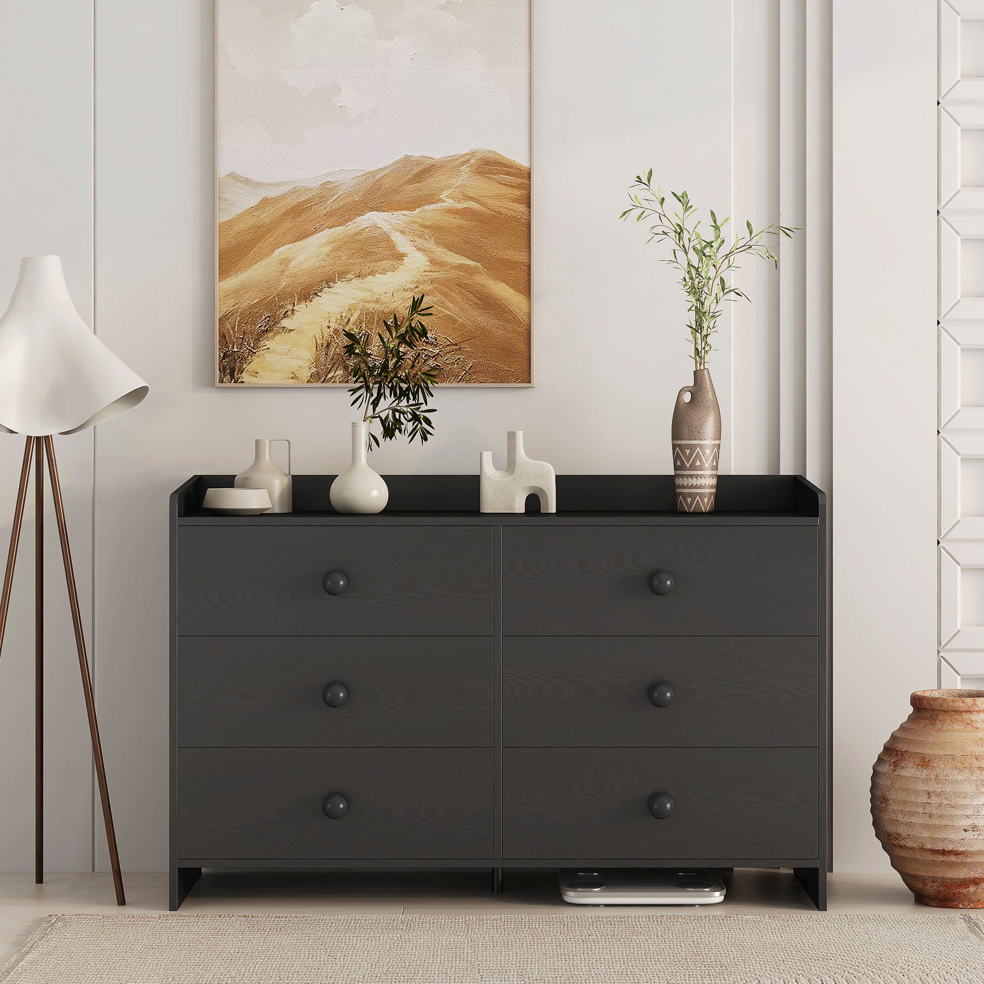 Chest Of Drawers Black Dresser6 Drawer Chest With Wide Storage, Modern Contemporary 6 Drawer Cabinet, Dresser For Bedroom Living Room Hallway Black Mdf