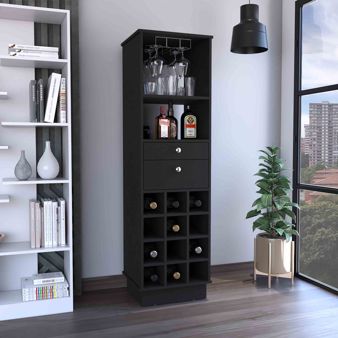 Zircon Bar Cabinet Two Drawers, Black Black Particle Board Particle Board