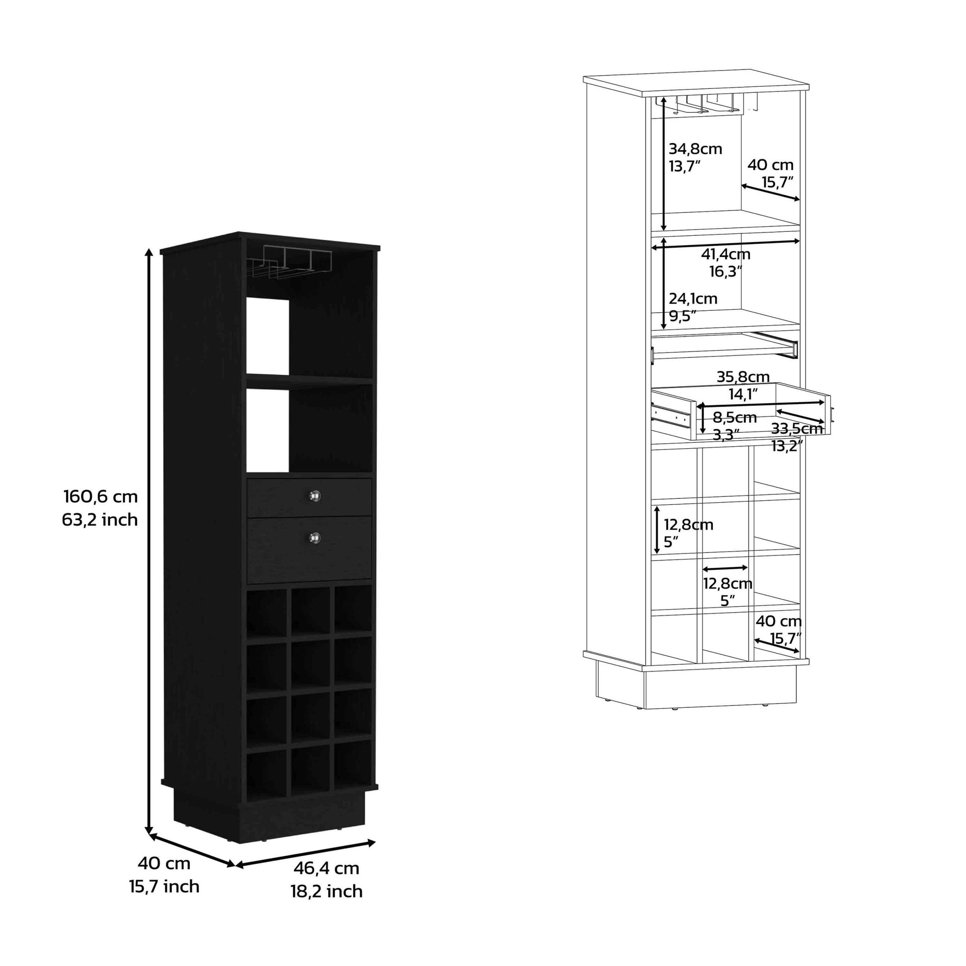 32" H Black Bar Coffee Cart, Kitchen Or Living Room Cabinet Storage, With 4 Wheels, Folding Surface, 2 Central Drawers Covered By Folding Doors, Ideal For Storing Glasses, And Snacks. Black Particle Board Particle Board