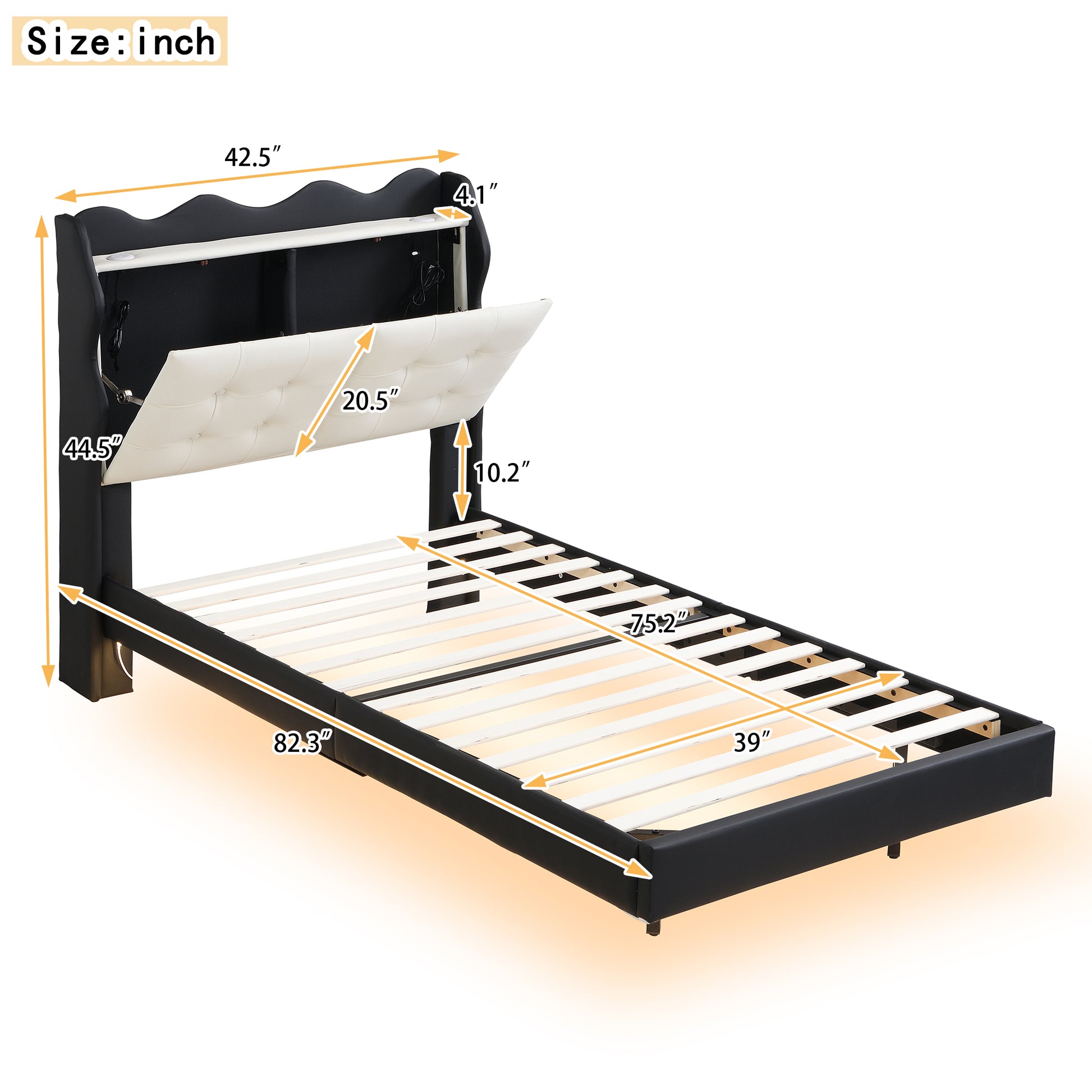 Twin Size Upholstery Platform Bed Frame With Led Light Strips,Headboard Storage Space And Two Usb Charging Deisgn,Black Black Upholstered