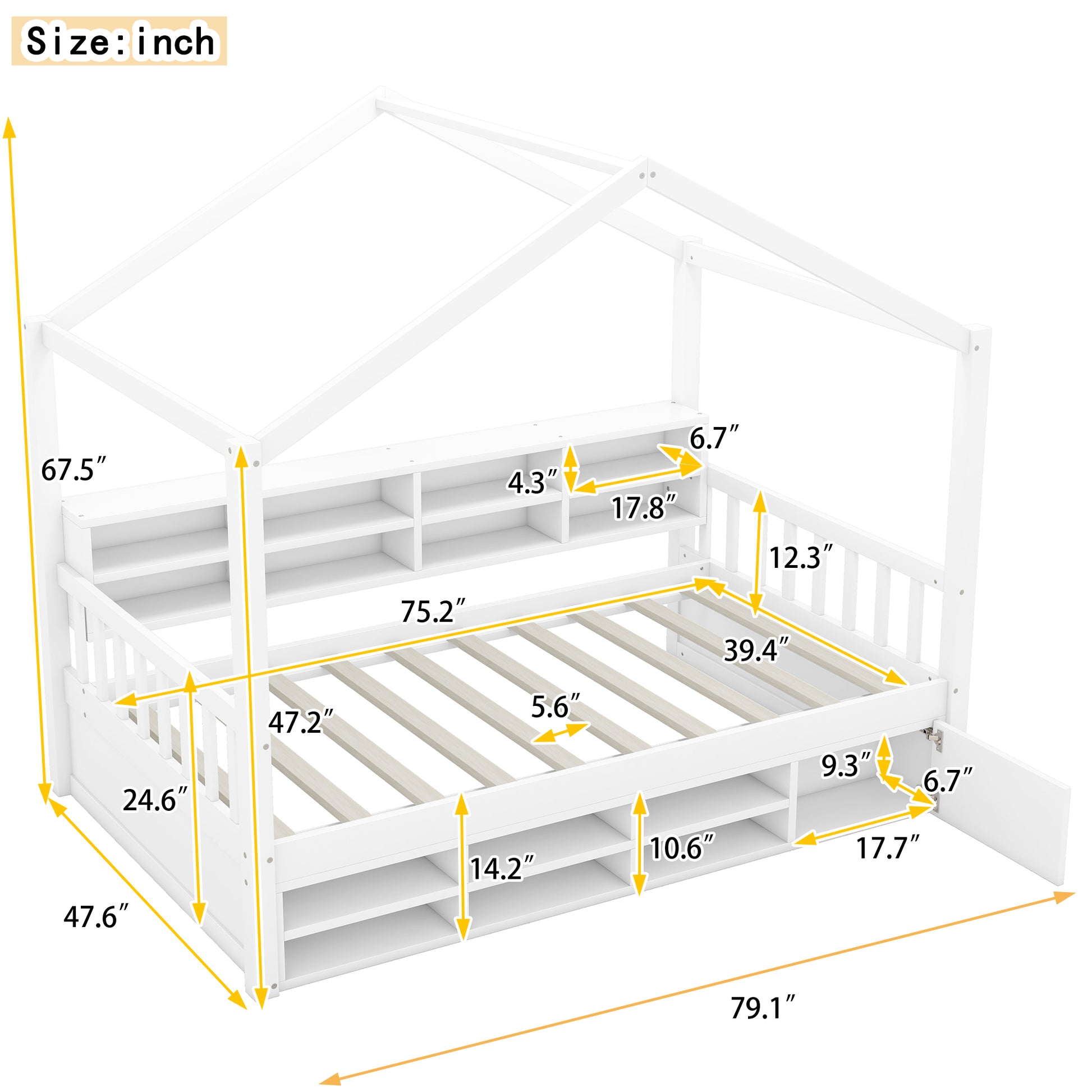 Twin Size Wooden House Bed With Shelves And A Mini Cabinet, White Box Spring Not Required White Wood Bedroom Pine Bed Frame Wood