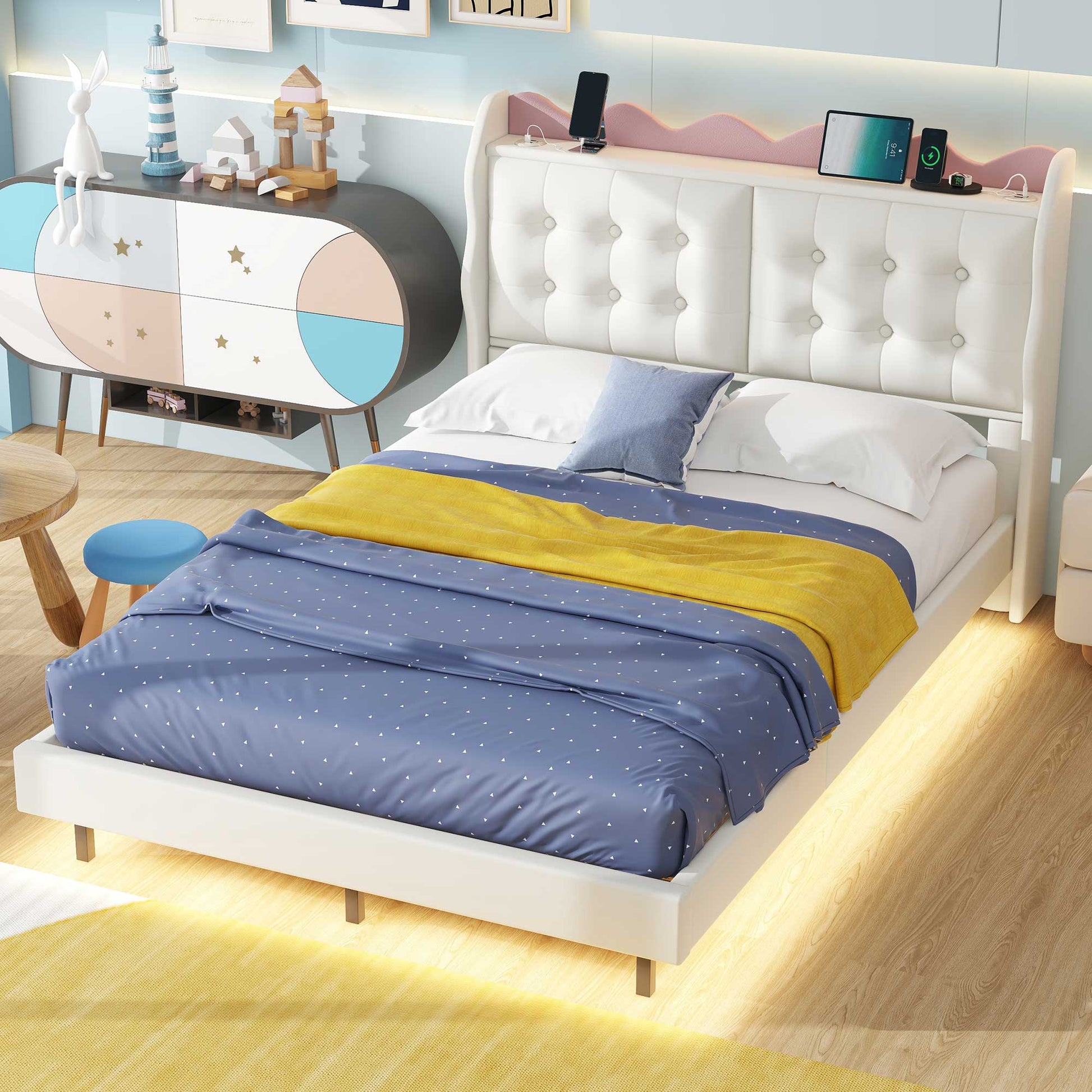 Full Size Upholstery Platform Bed Frame With Led Light Strips,Headboard Storage Space And Two Usb Charging Deisgn,Beige Beige Upholstered