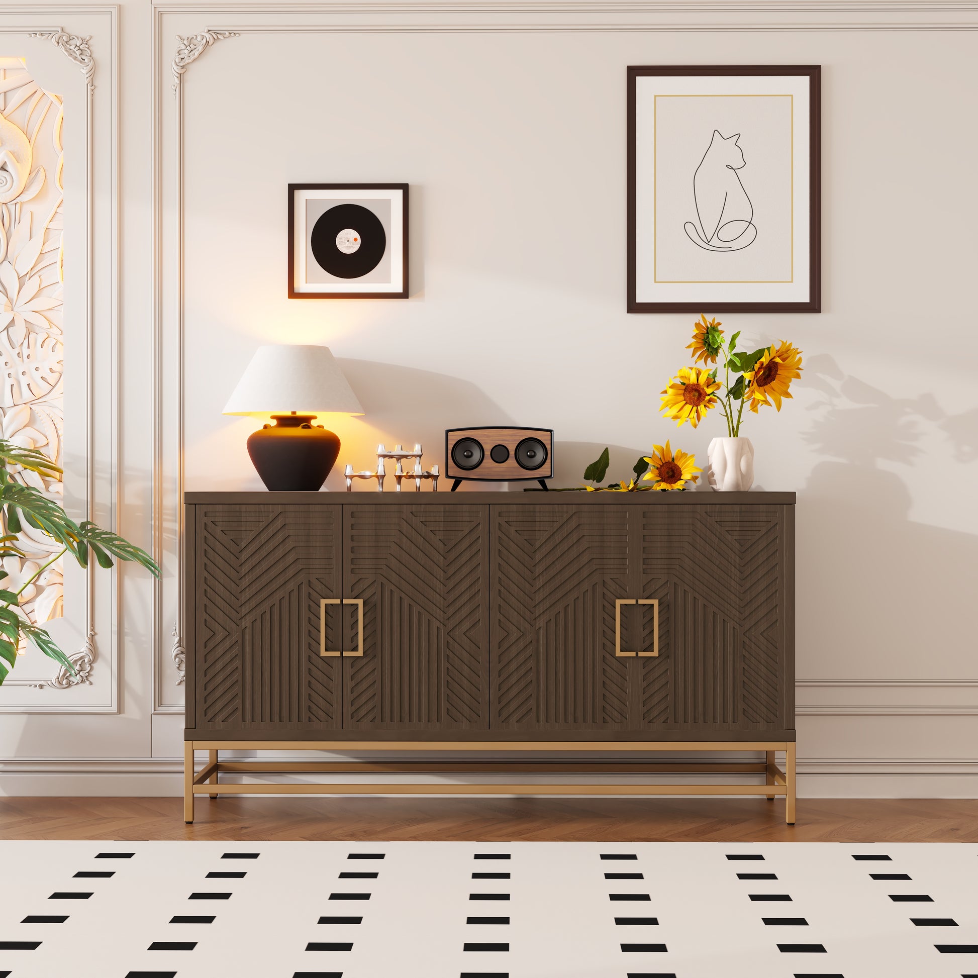 Retro Style Sideboard With Adjustable Shelves, Rectangular Metal Handles And Legs For Kitchen, Living Room, And Dining Room Espresso Espresso Mdf