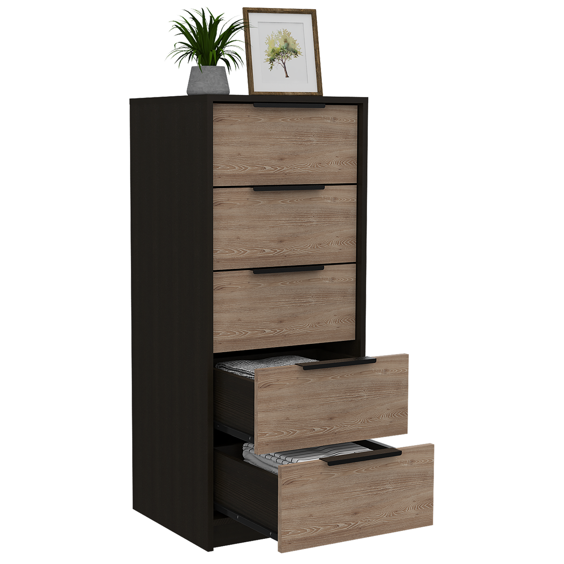 Dresser 42"H, 5 Drawer, Vertical Dresser, Black Light Oak Multicolor Particle Board Particle Board