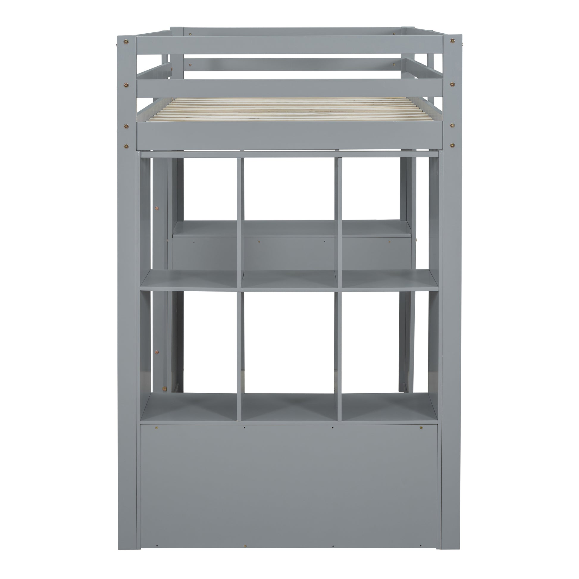 Twin Size Loft Bed With Large Shelves, Writing Desk And Led Light, Gray Gray Solid Wood Mdf