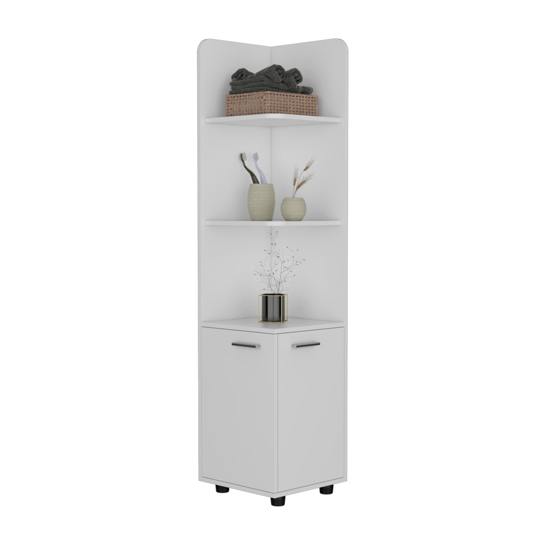 62H" Tall Corner Cabinet With 3 Tier Shelf And 2 Door, White White Particle Board Particle Board