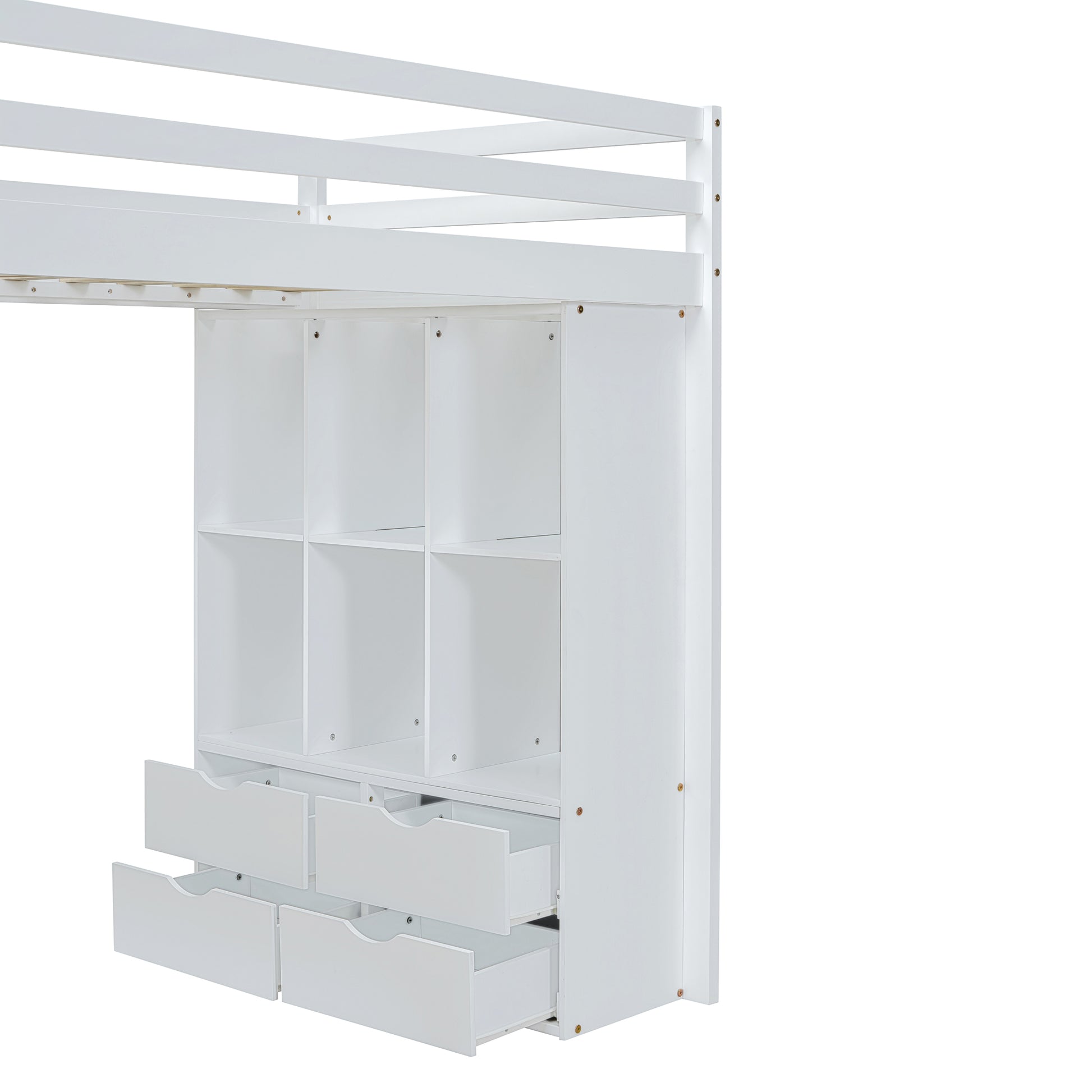 Full Size Loft Bed With Large Shelves, Writing Desk And Led Light, White White Solid Wood Mdf