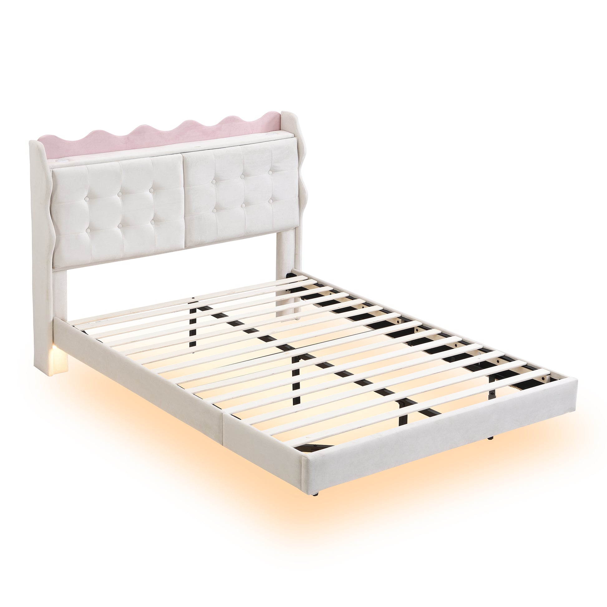 Full Size Upholstery Platform Bed Frame With Led Light Strips,Headboard Storage Space And Two Usb Charging Deisgn,Beige Beige Upholstered