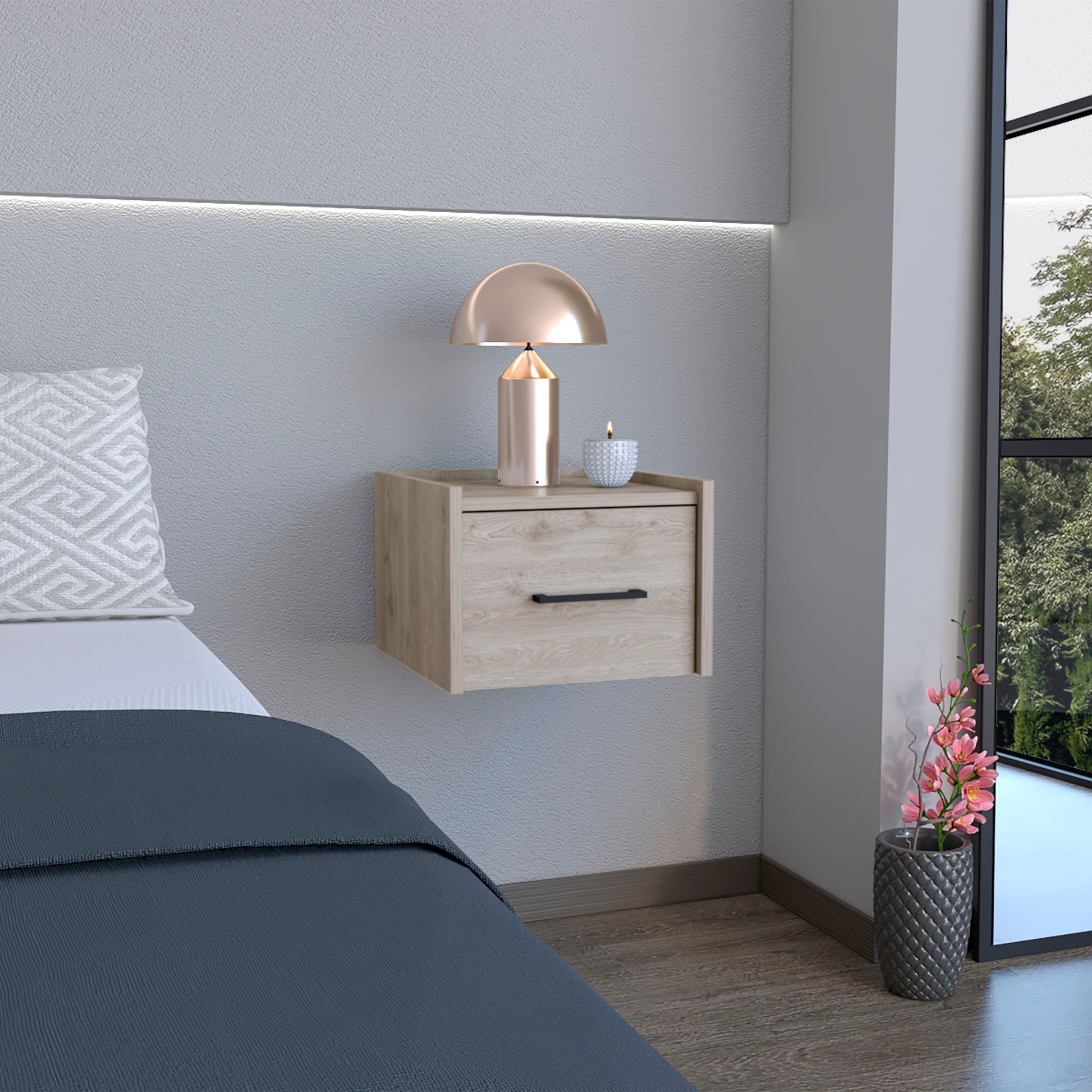 Light Gray Modern Floating Nightstand, Space Saving Design With Convenient Drawer And Black Pull Handle Light Gray Particle Board Engineered Wood