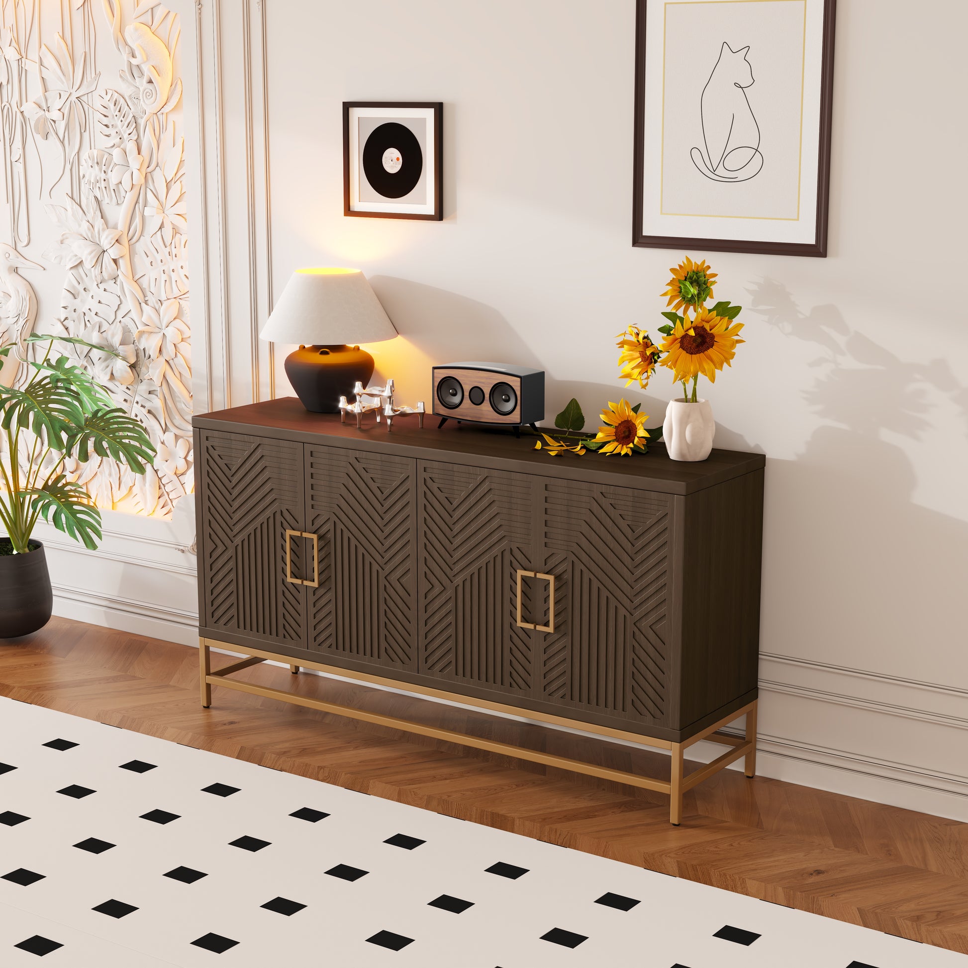 Retro Style Sideboard With Adjustable Shelves, Rectangular Metal Handles And Legs For Kitchen, Living Room, And Dining Room Espresso Espresso Mdf