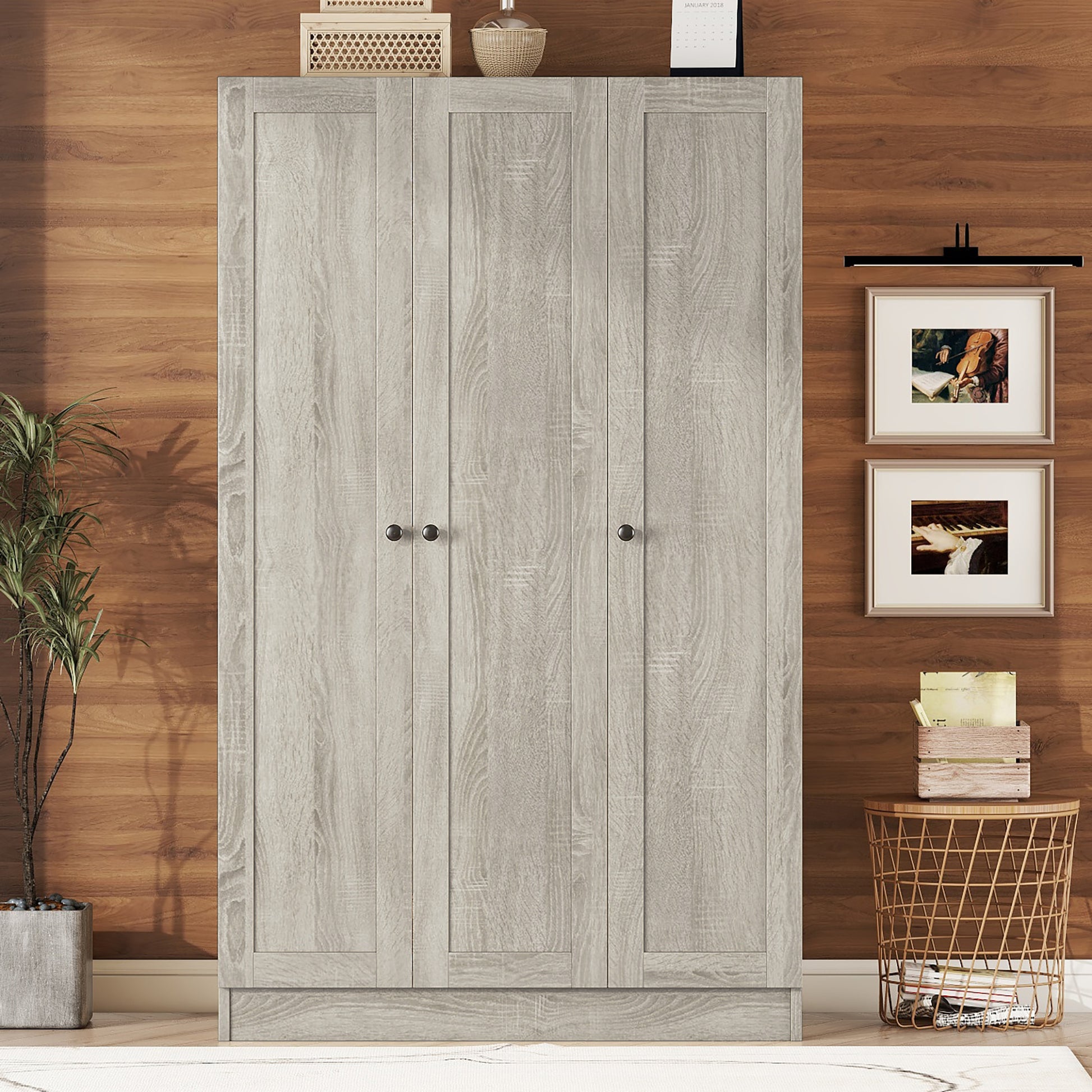 3 Door Shutter Wardrobe With Shelves, Gray Gray Mdf