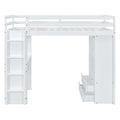 Full Size Loft Bed With Large Shelves, Writing Desk And Led Light, White White Solid Wood Mdf