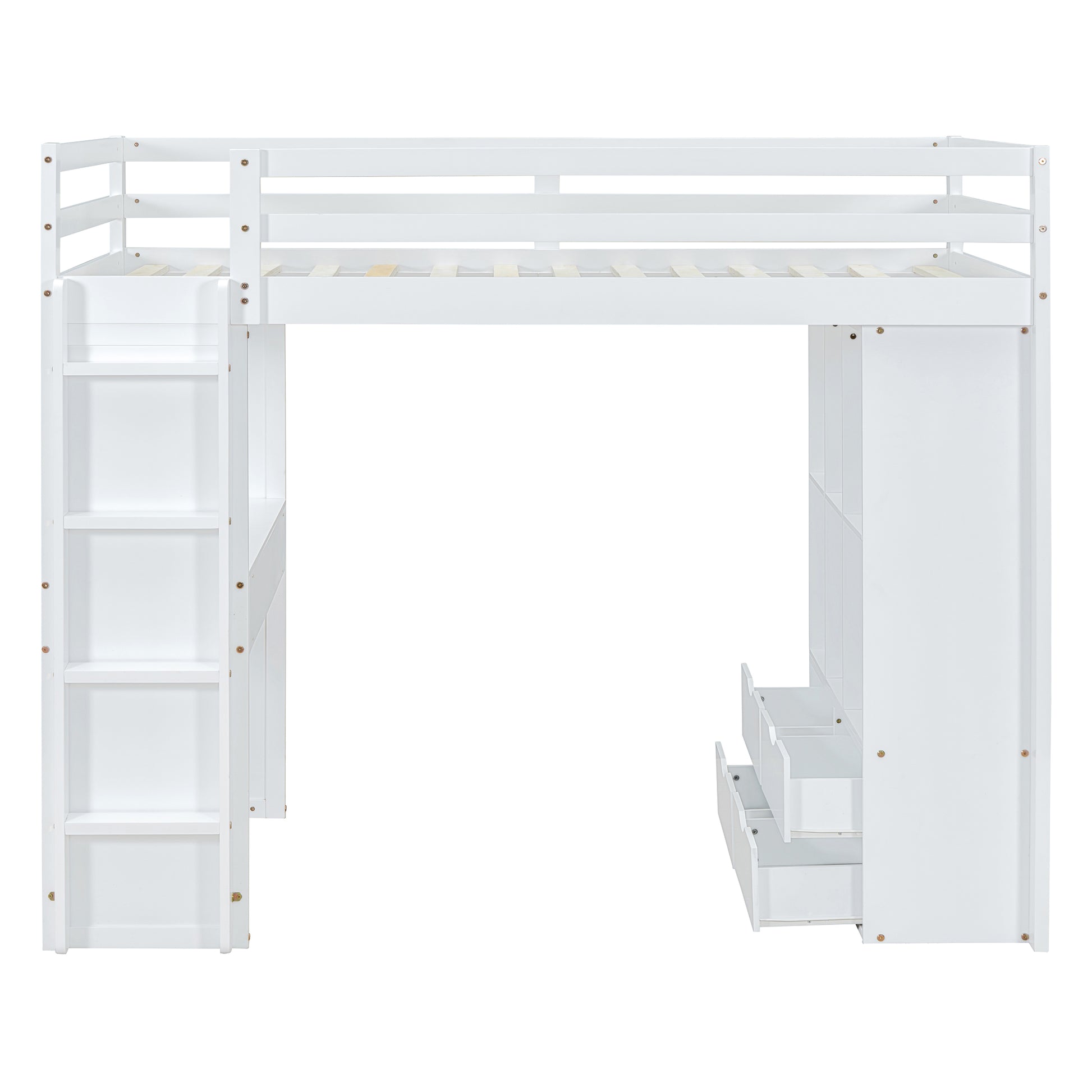 Full Size Loft Bed With Large Shelves, Writing Desk And Led Light, White White Solid Wood Mdf
