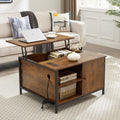 Lift Top Coffee Table, Multi Function Coffee Table With Hidden Compartment, Modern Lift Tabletop Dining Table For Living Room Reception Home Office, Rustic Brown Antique Brown Metal & Wood