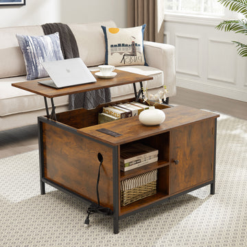 Lift Top Coffee Table, Multi Function Coffee Table With Hidden Compartment, Modern Lift Tabletop Dining Table For Living Room Reception Home Office, Rustic Brown Antique Brown Metal & Wood