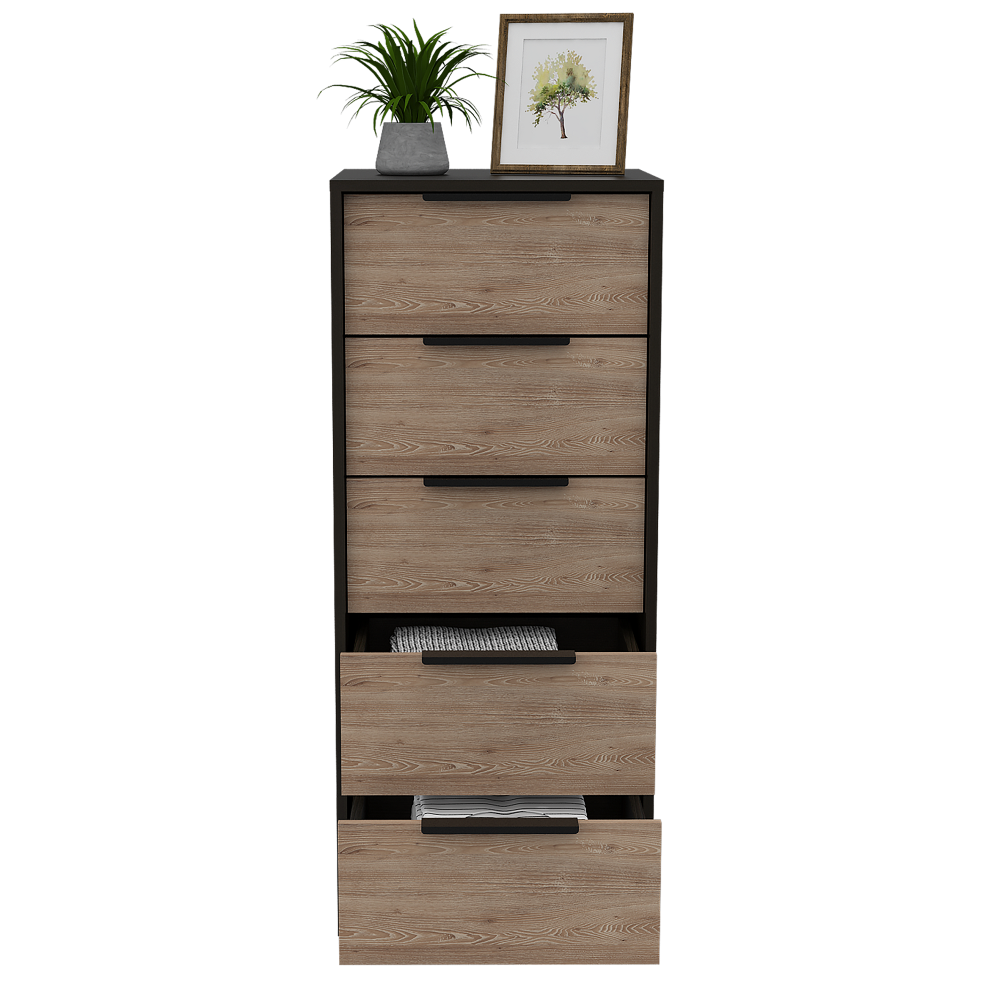 Dresser 42"H, 5 Drawer, Vertical Dresser, Black Light Oak Multicolor Particle Board Particle Board