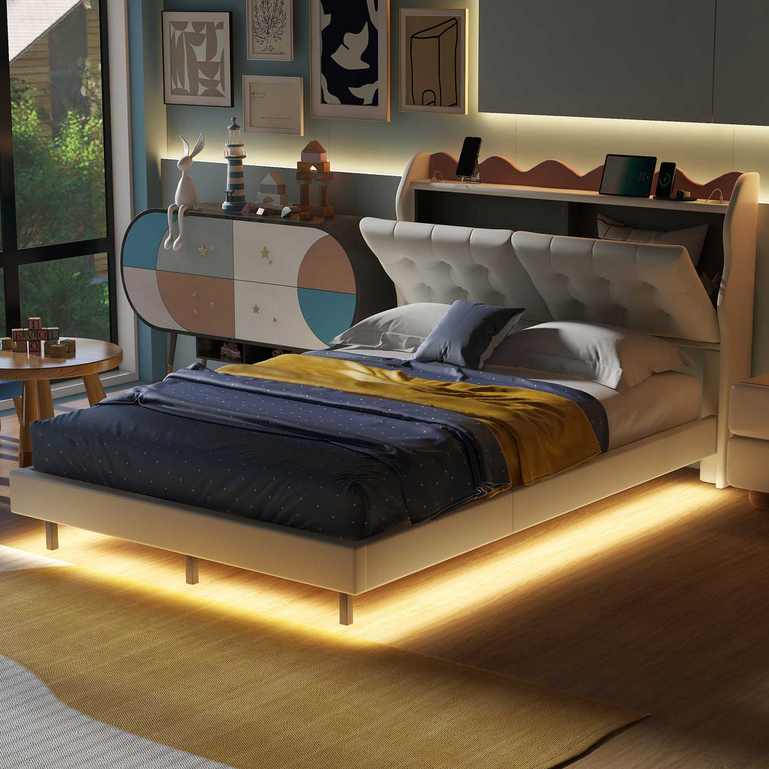 Full Size Upholstery Platform Bed Frame With Led Light Strips,Headboard Storage Space And Two Usb Charging Deisgn,Beige Beige Upholstered