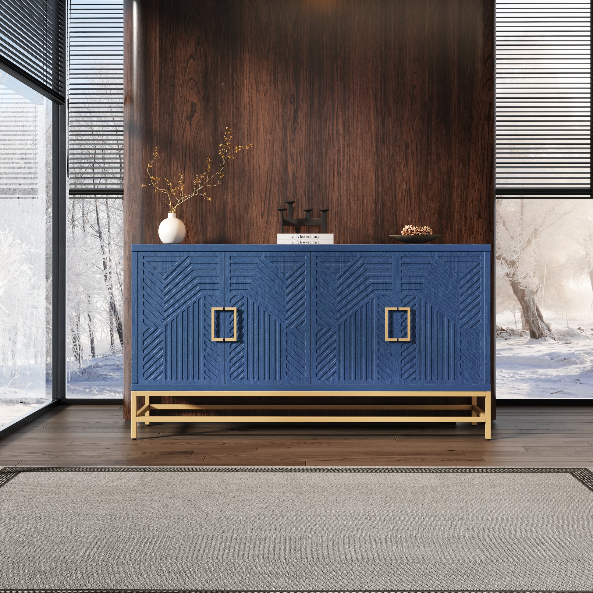 Retro Style Sideboard With Adjustable Shelves, Rectangular Metal Handles And Legs For Kitchen, Living Room, And Dining Room Navy Navy Mdf