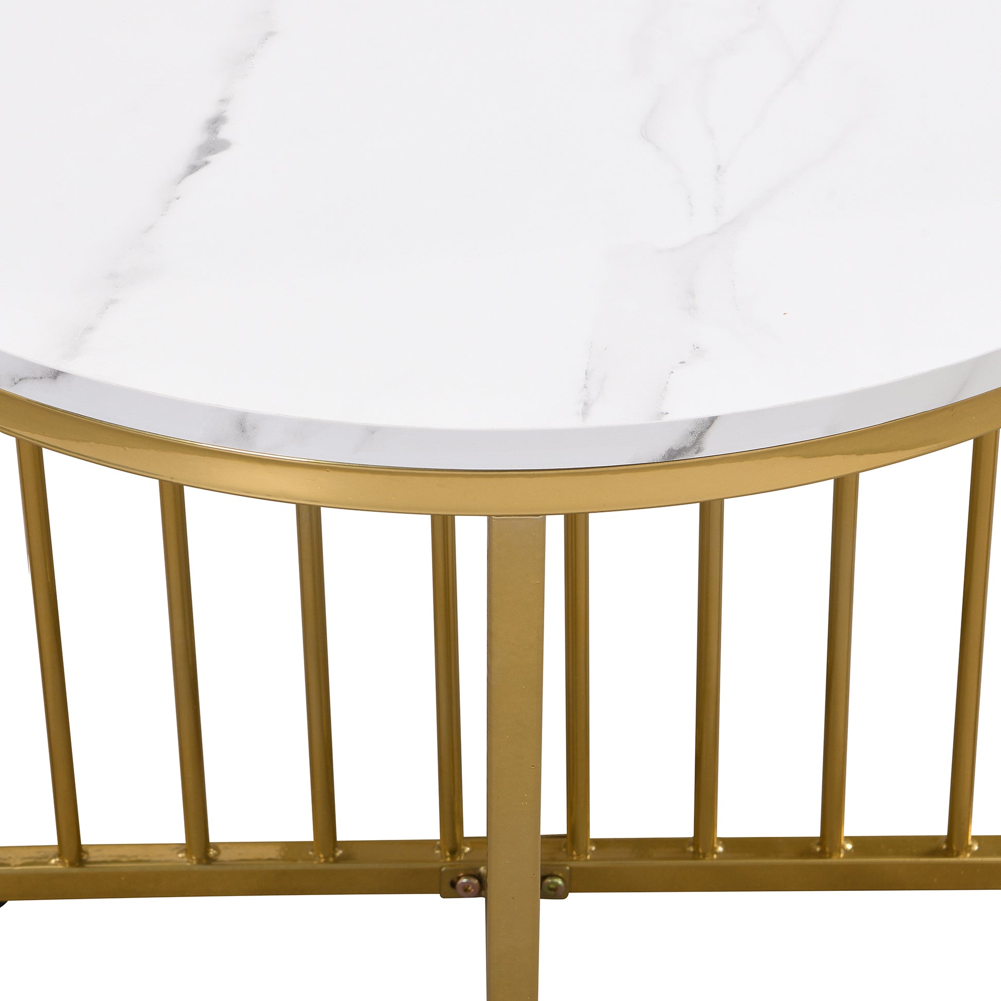 Modern Round Nesting Coffee Table Set 2 Piece White & Marbling Top Gold Base White Mdf