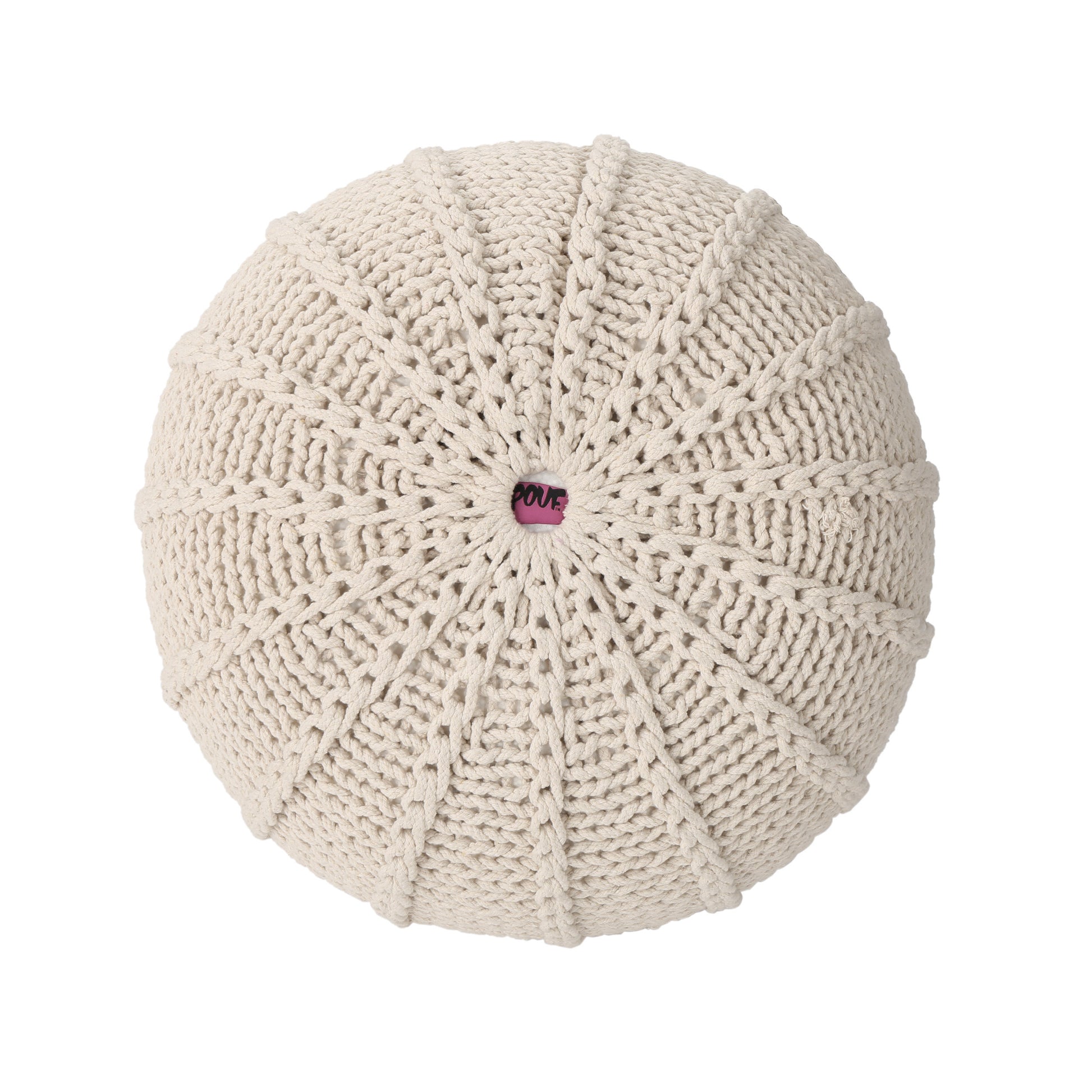 Bordeaux Knitted Cotton Round Pouf, Beige Beige Cotton