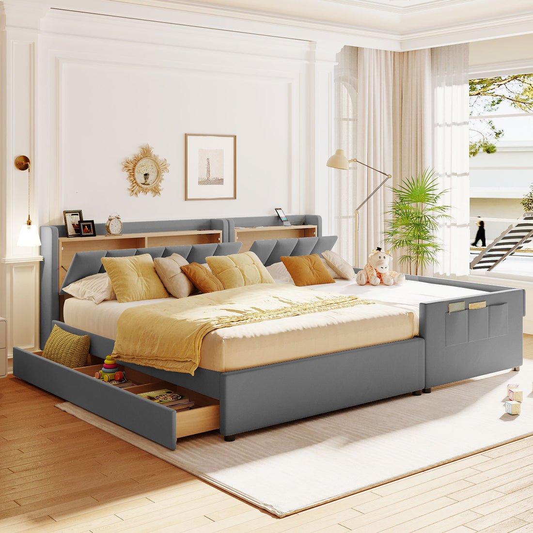 Queen Size & Twin Xl Size Upholstered Platform Bed, Mother & Child Bed With Hydraulic Storage System, Drawer Box, Bedhead Storage Shelf And Two Pairs Of Sockets & Usb Ports, Pu Leather, Gray Gray Pu Leather