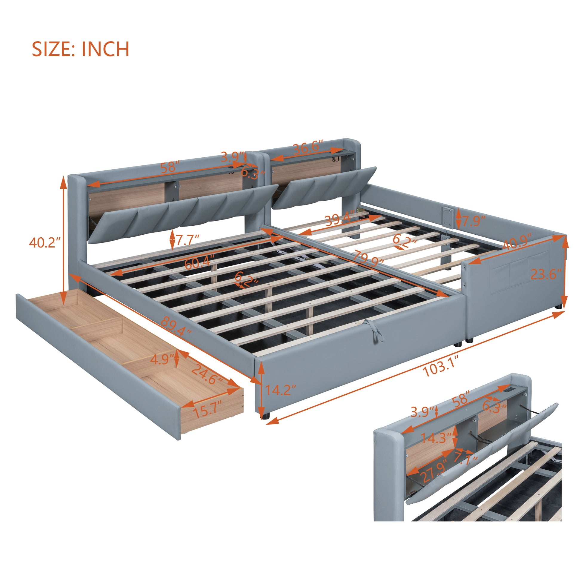 Queen Size & Twin Xl Size Upholstered Platform Bed, Mother & Child Bed With Hydraulic Storage System, Drawer Box, Bedhead Storage Shelf And Two Pairs Of Sockets & Usb Ports, Pu Leather, Gray Gray Pu Leather