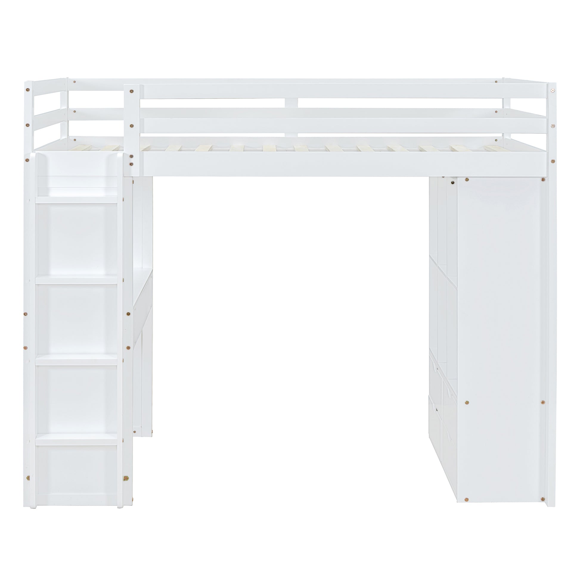Full Size Loft Bed With Large Shelves, Writing Desk And Led Light, White White Solid Wood Mdf