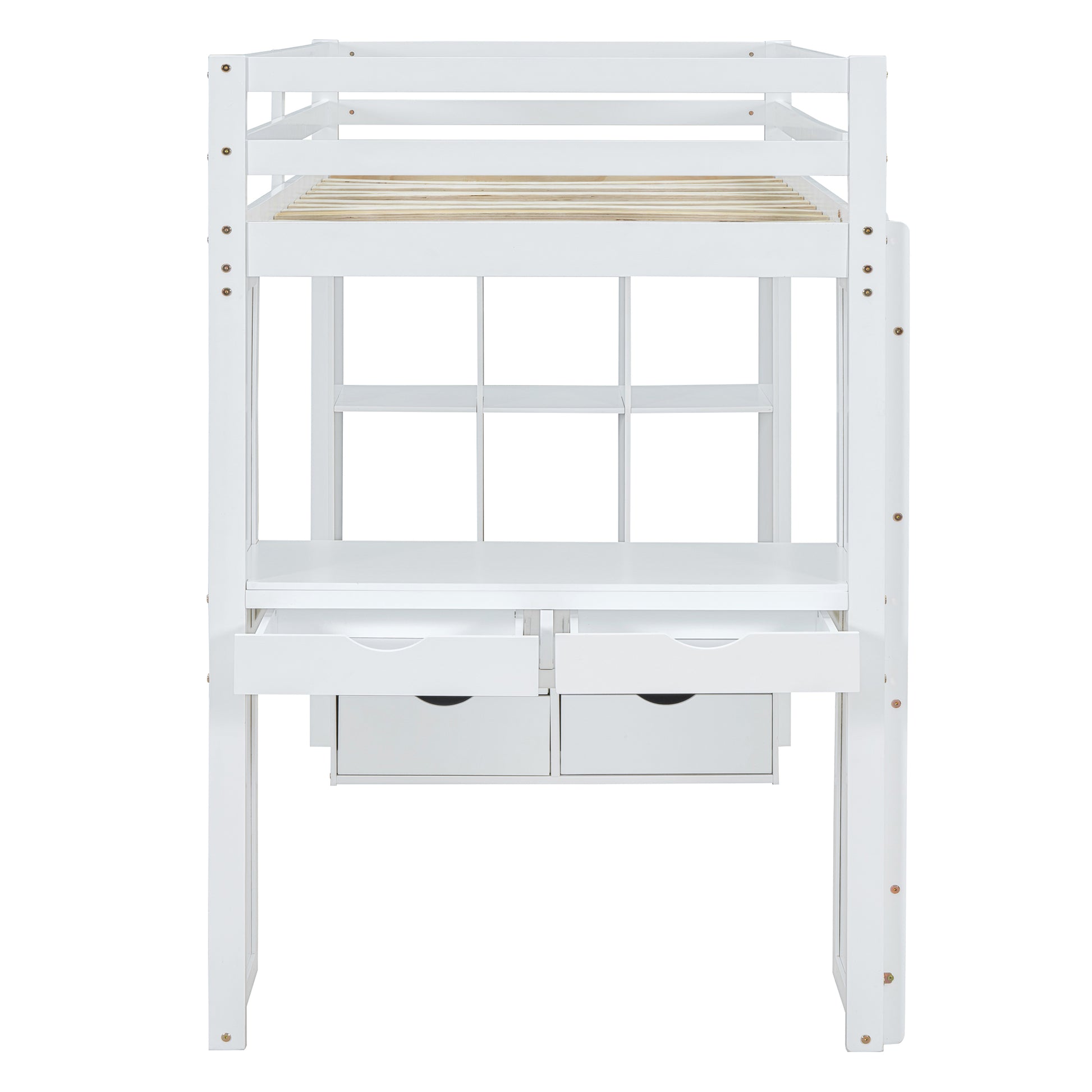 Twin Size Loft Bed With Large Shelves, Writing Desk And Led Light, White White Solid Wood Mdf