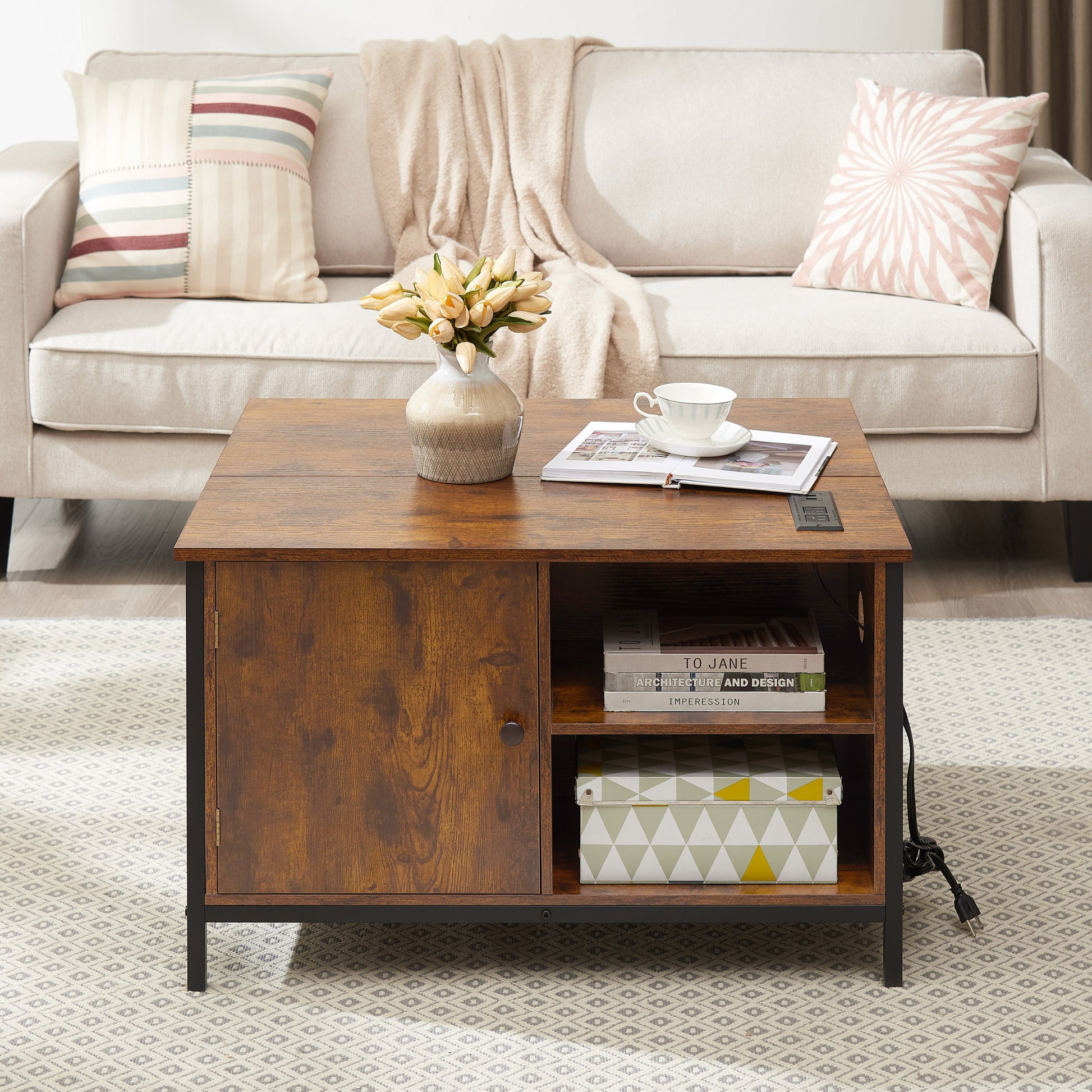 Lift Top Coffee Table, Multi Function Coffee Table With Hidden Compartment, Modern Lift Tabletop Dining Table For Living Room Reception Home Office, Rustic Brown Antique Brown Metal & Wood